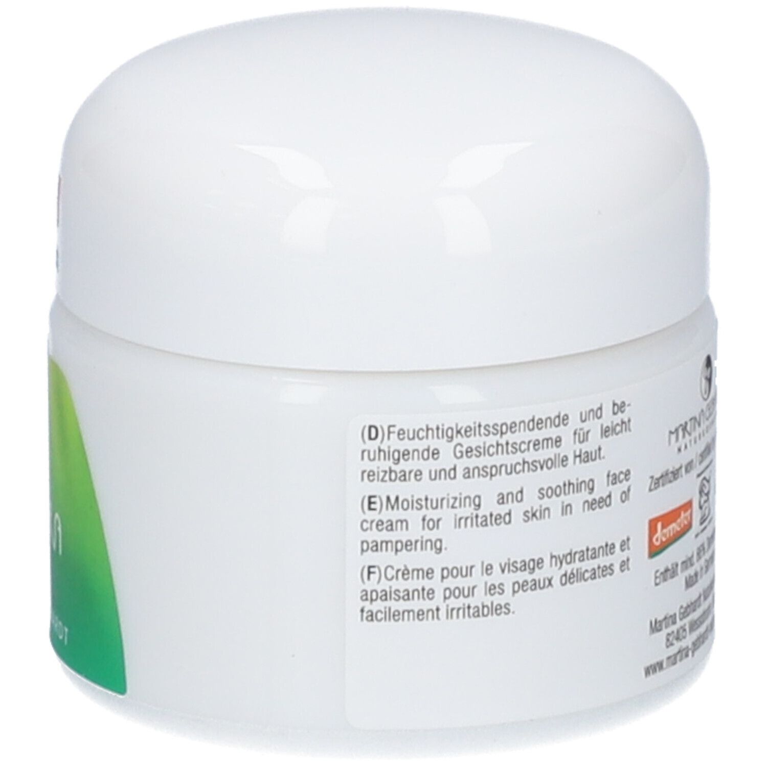 Martina Gebhardt Aloe Vera Crème: Witte pot met groen etiket en Demeter-zegel.