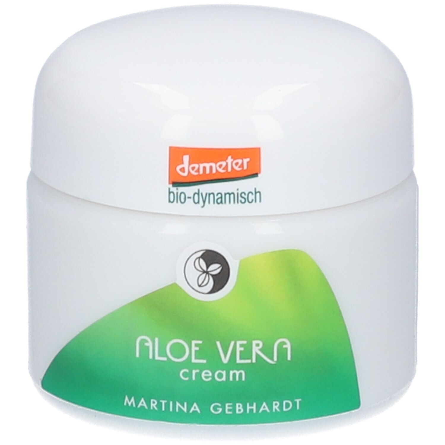 Martina Gebhardt Aloe Vera Crème: Witte pot met groen etiket en Demeter-zegel.