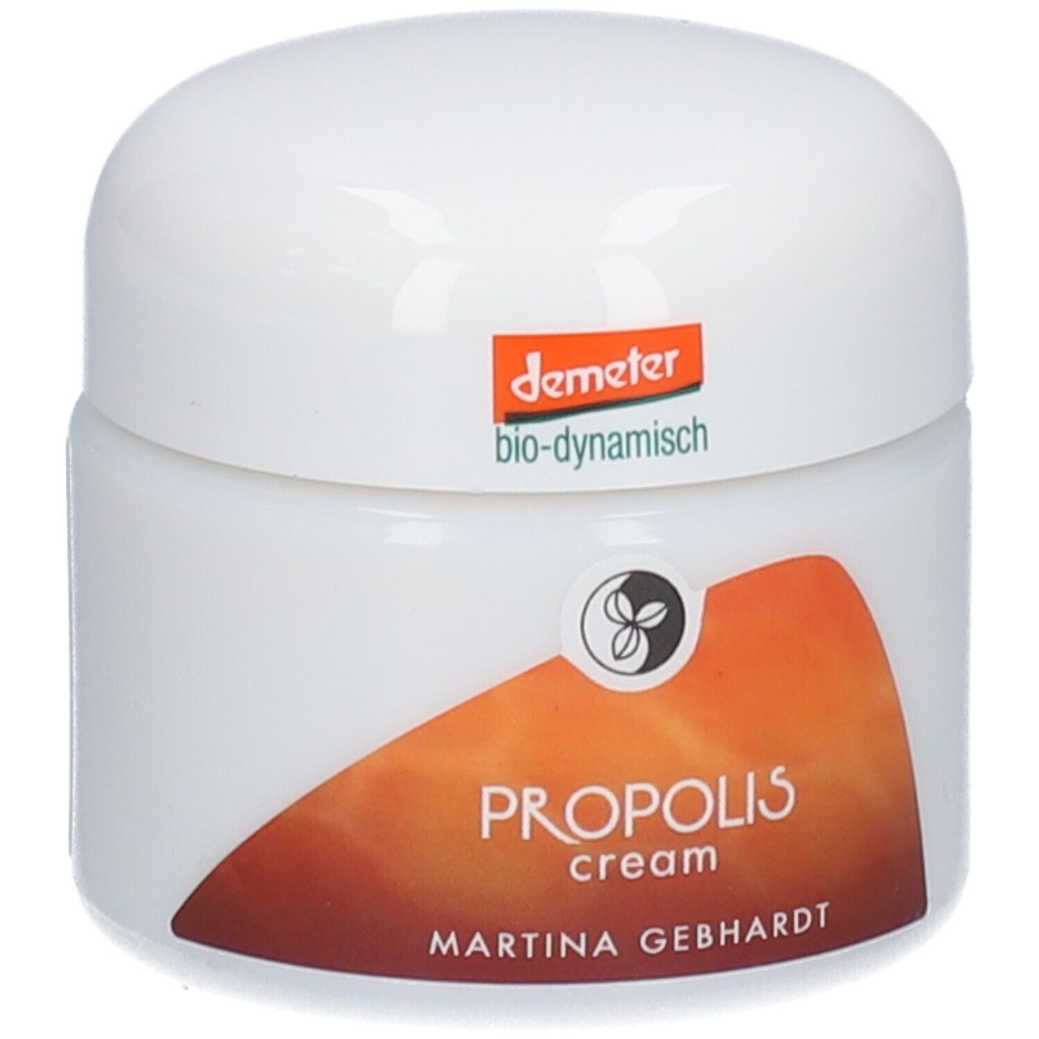 Martina Gebhardt Propolis Cream: Witte pot met oranje-bruin etiket. Demeter bio-dynamisch keurmerk.