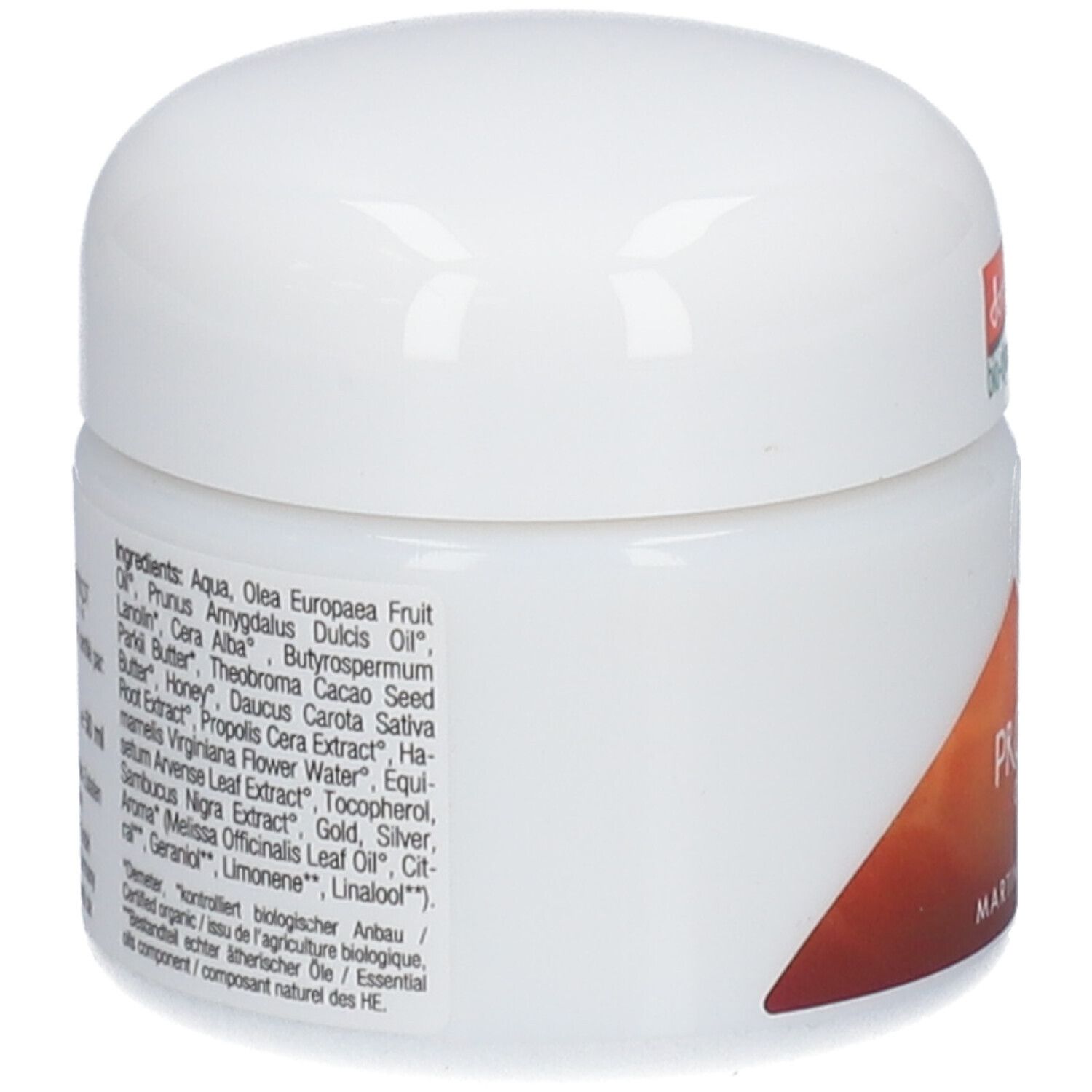 Martina Gebhardt Propolis Cream: Achterkant van de pot met ingrediëntenlijst.