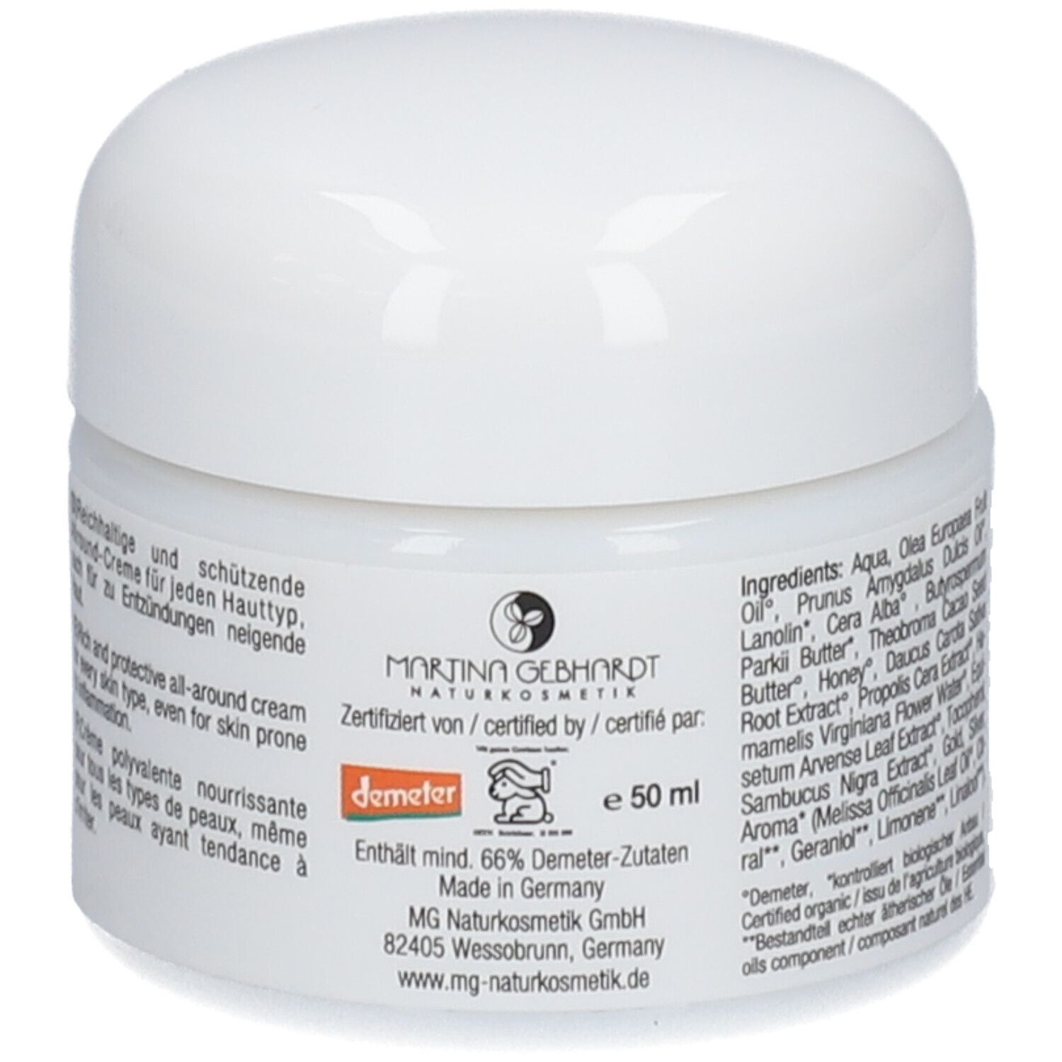Martina Gebhardt Propolis Cream: Pot met productinformatie, Demeter-keurmerk en 50 ml aanduiding.