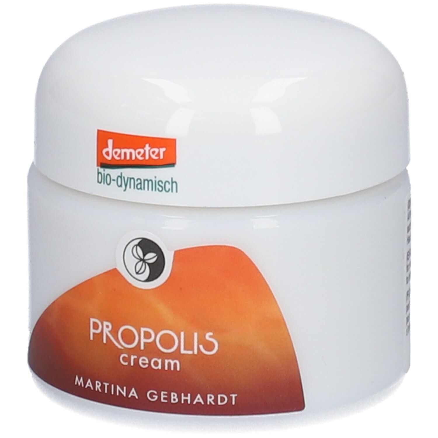 Martina Gebhardt Propolis Cream: Witte pot met oranje-bruin etiket. Demeter bio-dynamisch keurmerk.