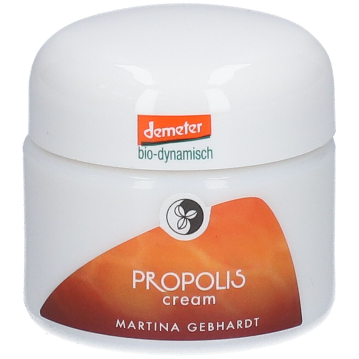 Martina Gebhardt Propolis Cream: Witte pot met oranje-bruin etiket. Demeter bio-dynamisch keurmerk.