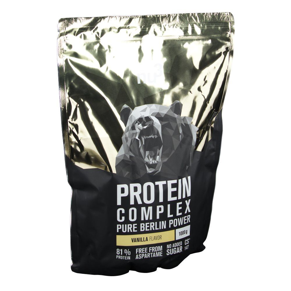 Zak Protein Complex Vanille. Opschrift: "PROTEIN COMPLEX", "VANILLA FLAVOR", "81% PROTEIN". Gouden sluiting.