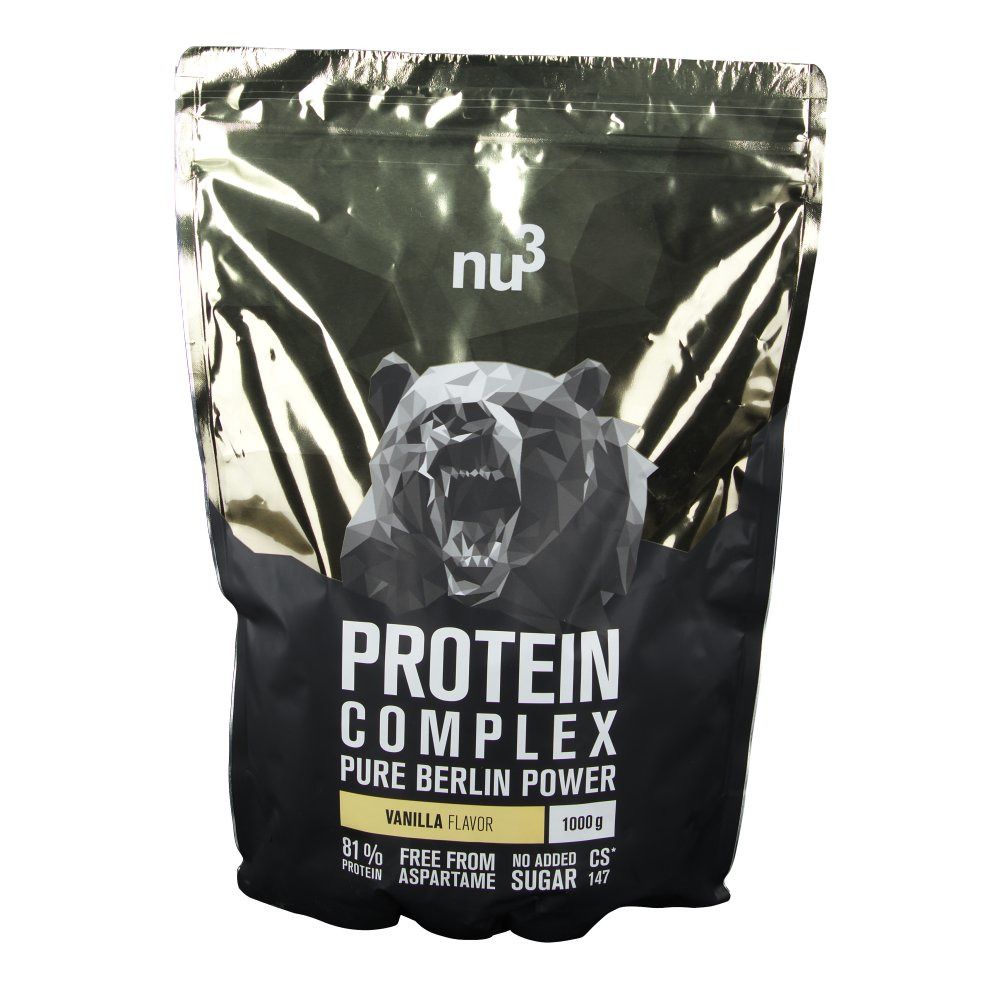 Protein Complex Vanille zak. Logo "nu3" bovenaan. Opschrift: "PROTEIN COMPLEX", "VANILLA FLAVOR", "81% PROTEIN".