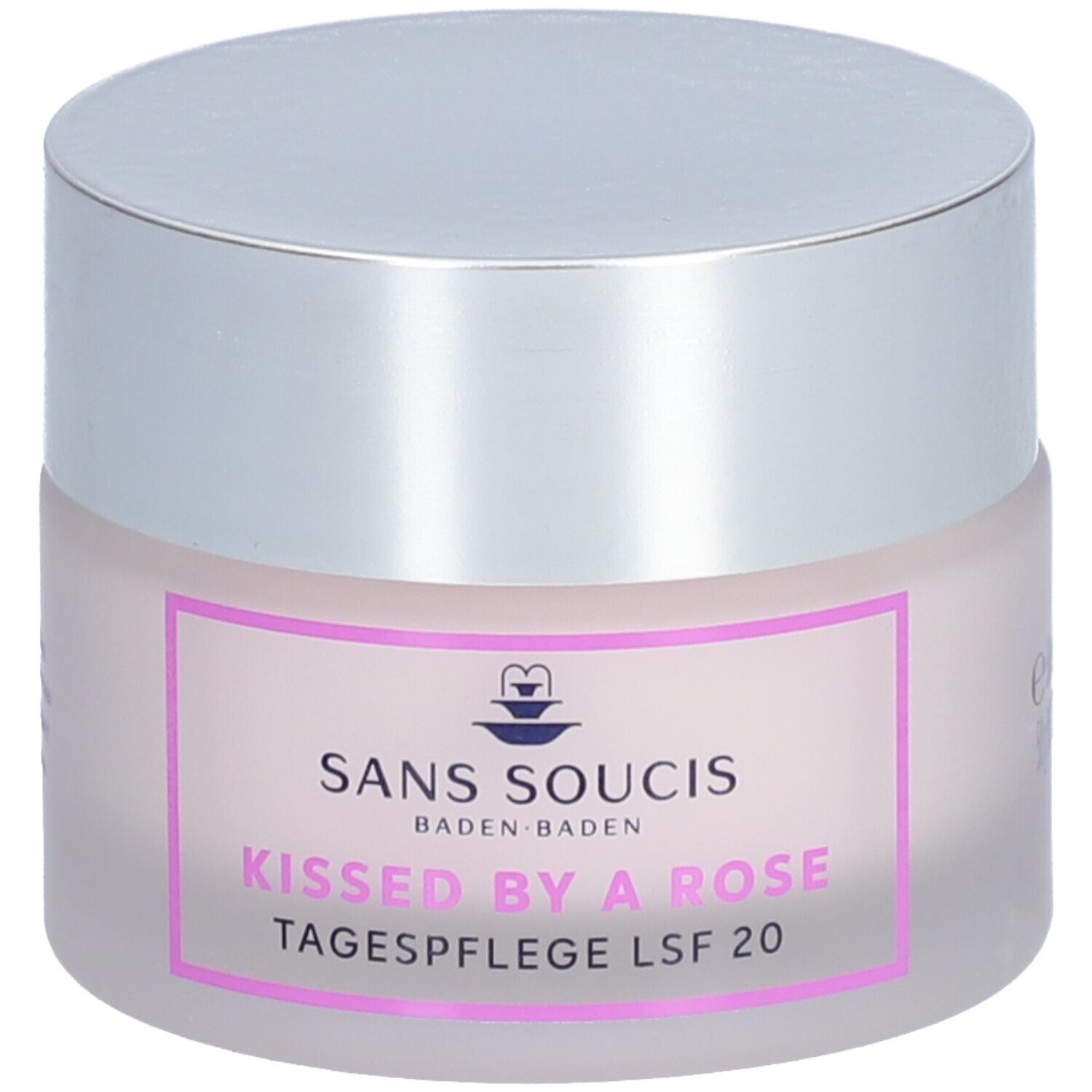 Crèmepot met zilveren deksel. Opschrift: SANS SOUCIS, Kissed by a Rose, Tagespflege LSF 20.