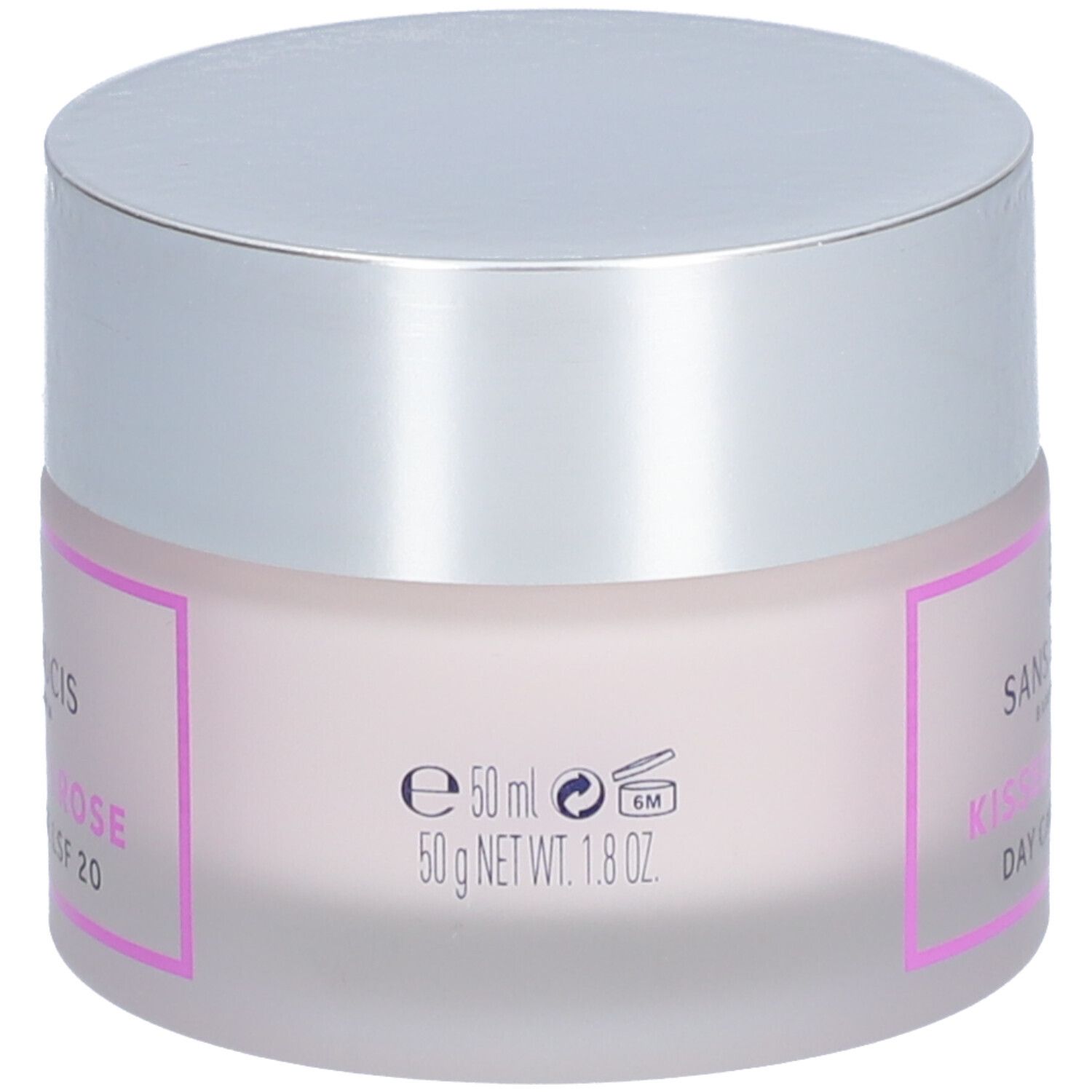 Crèmepot met zilveren deksel. Opschrift: SANS SOUCIS, Kissed by a Rose, Day Care SPF 20, 50 ml, 50 g NET WT. 1.8 OZ.