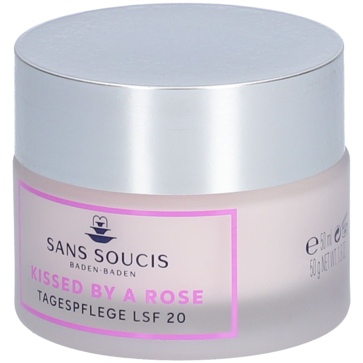 Crèmepot met zilveren deksel. Opschrift: SANS SOUCIS, Kissed by a Rose, Tagespflege LSF 20, 50 ml.