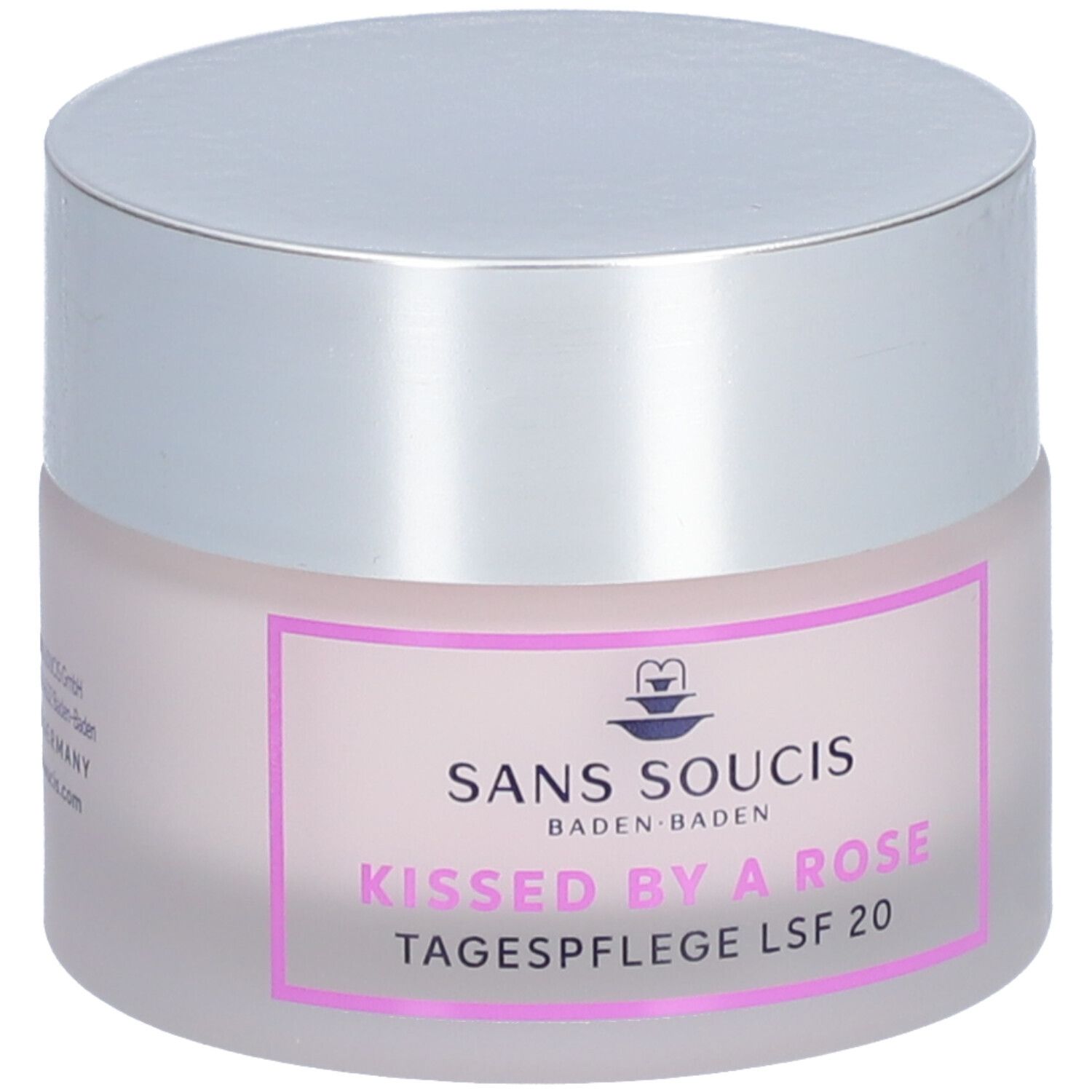 Crèmepot met zilveren deksel. Opschrift: SANS SOUCIS, Kissed by a Rose, Tagespflege LSF 20.