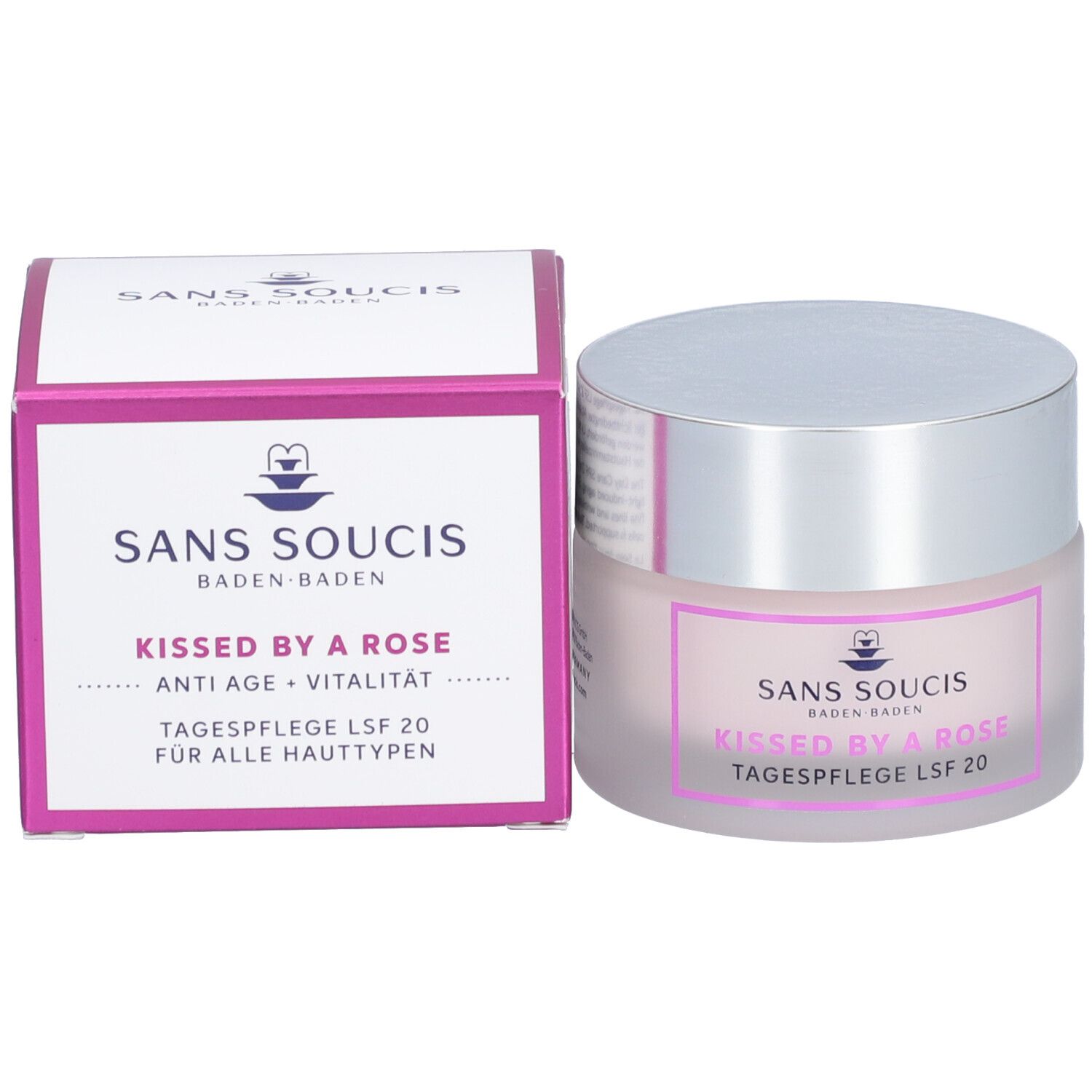 Crèmepot en verpakking. Opschrift: SANS SOUCIS, Kissed by a Rose, Tagespflege LSF 20, Anti Age + Vitalität.