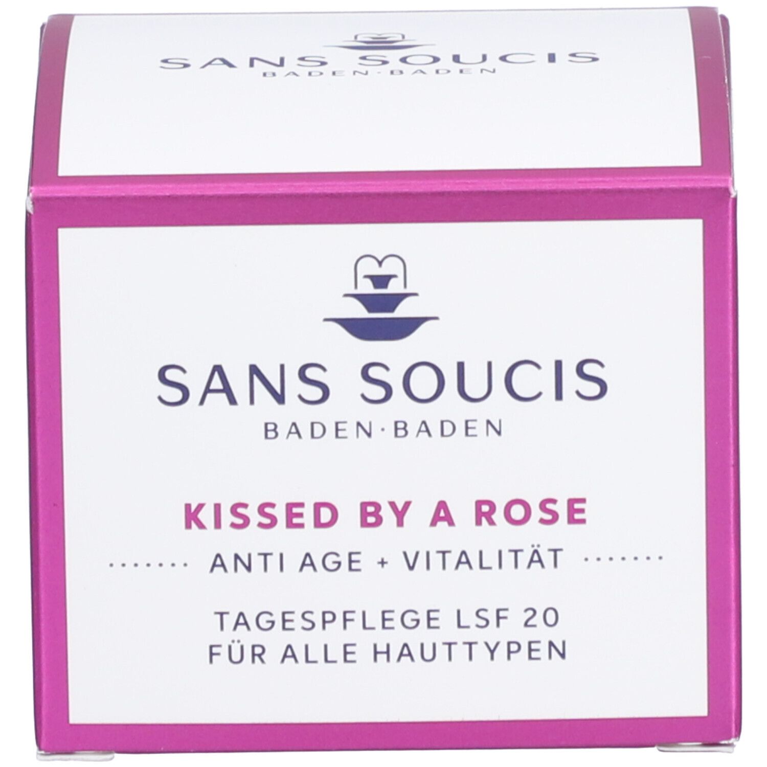 Verpakking. Opschrift: SANS SOUCIS, Kissed by a Rose, Tagespflege LSF 20, Anti Age + Vitalität, voor alle huidtypen.
