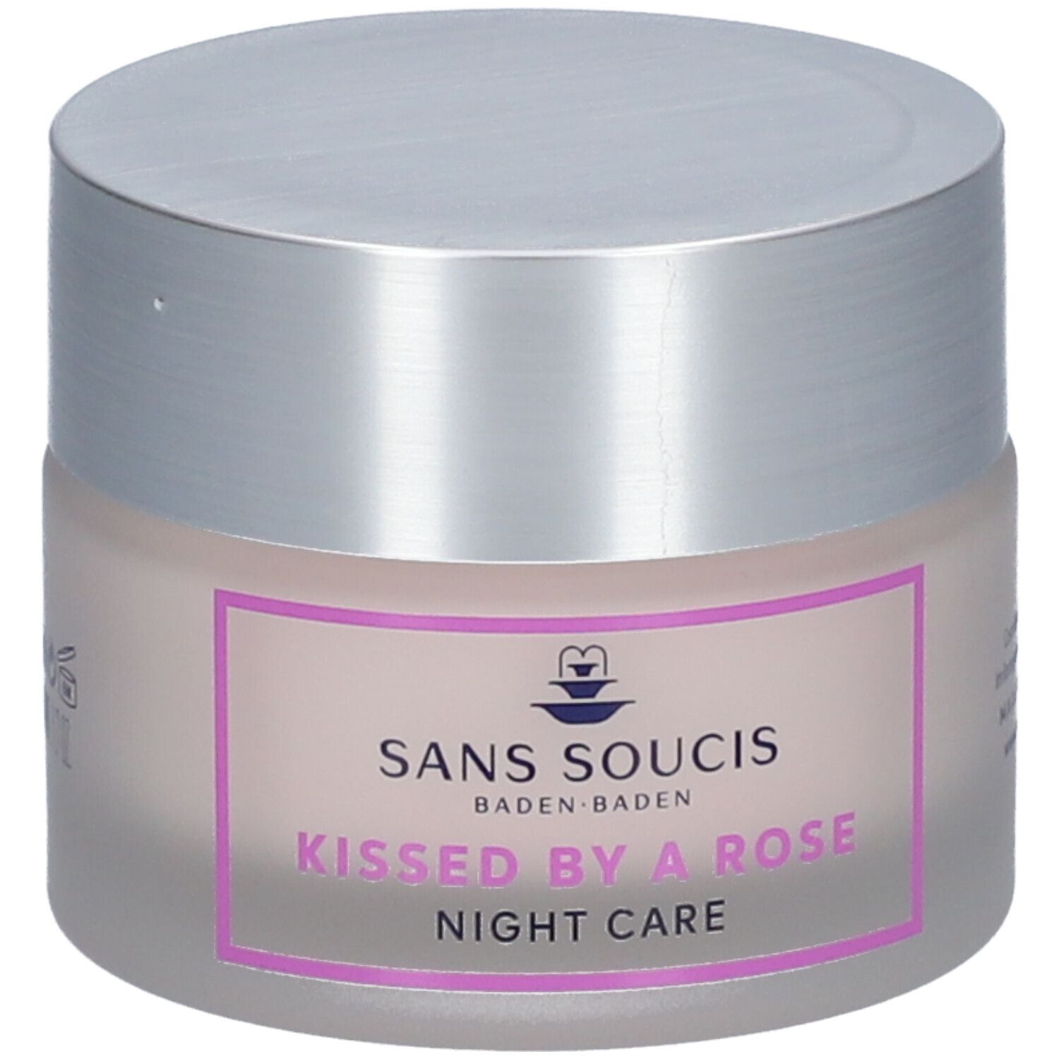Pot de crème avec couvercle argenté. Inscription : SANS SOUCIS, KISSED BY A ROSE, Night Care. Étiquette rose avec cadre violet.
