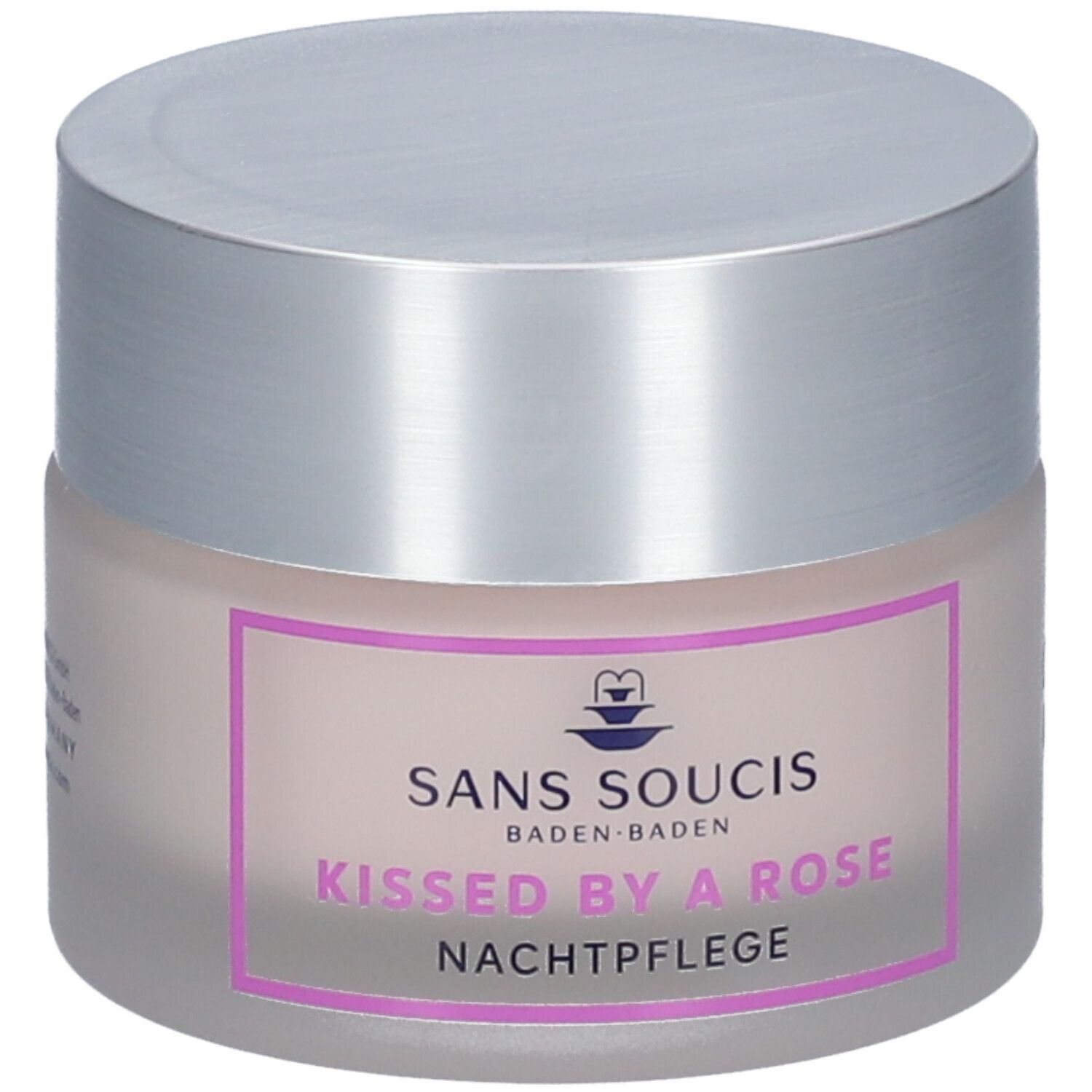Pot de crème avec couvercle argenté. Inscription : SANS SOUCIS, KISSED BY A ROSE, Night Care. Étiquette rose avec cadre violet.