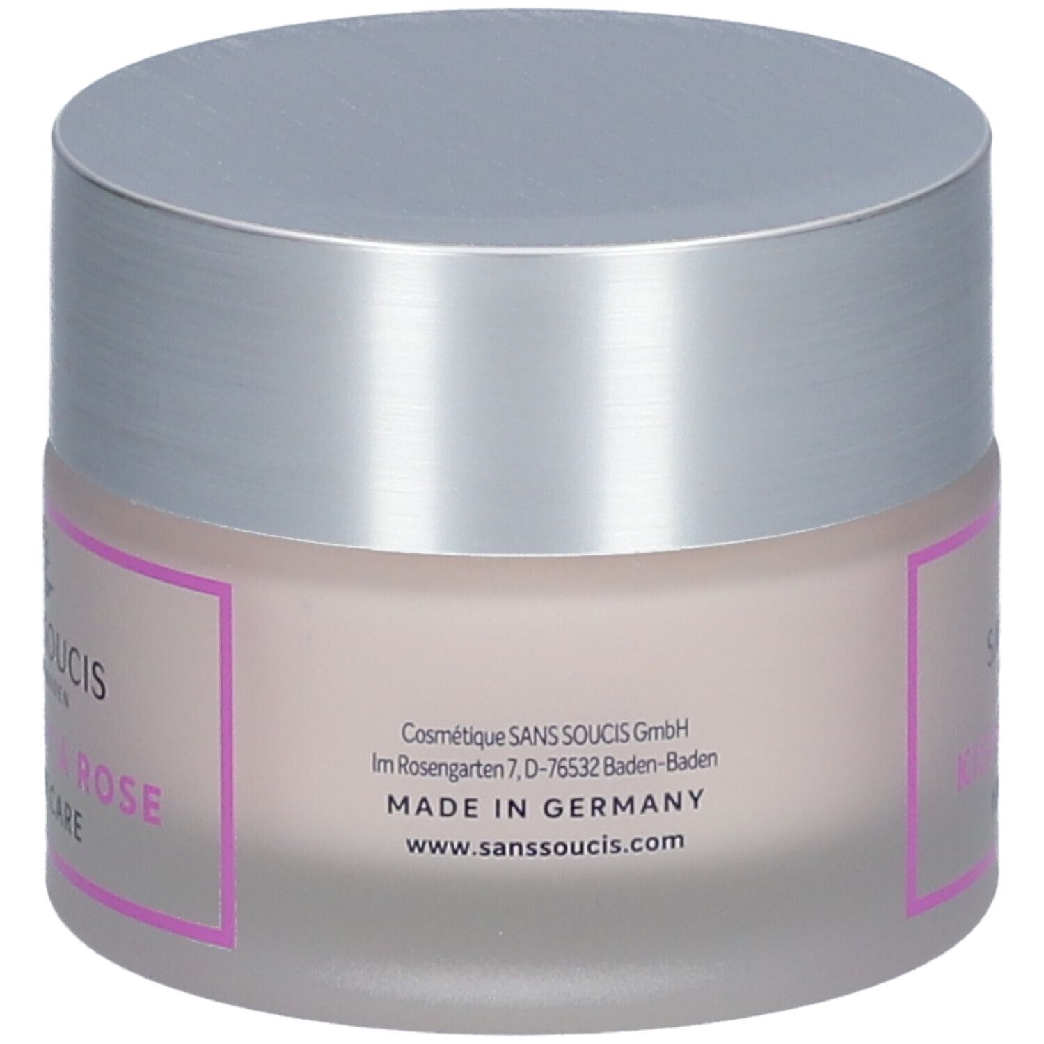 Pot de crème avec couvercle argenté. Inscription : SANS SOUCIS, KISSED BY A ROSE, Night Care. Étiquette rose avec cadre violet. Fabriqué en Allemagne.