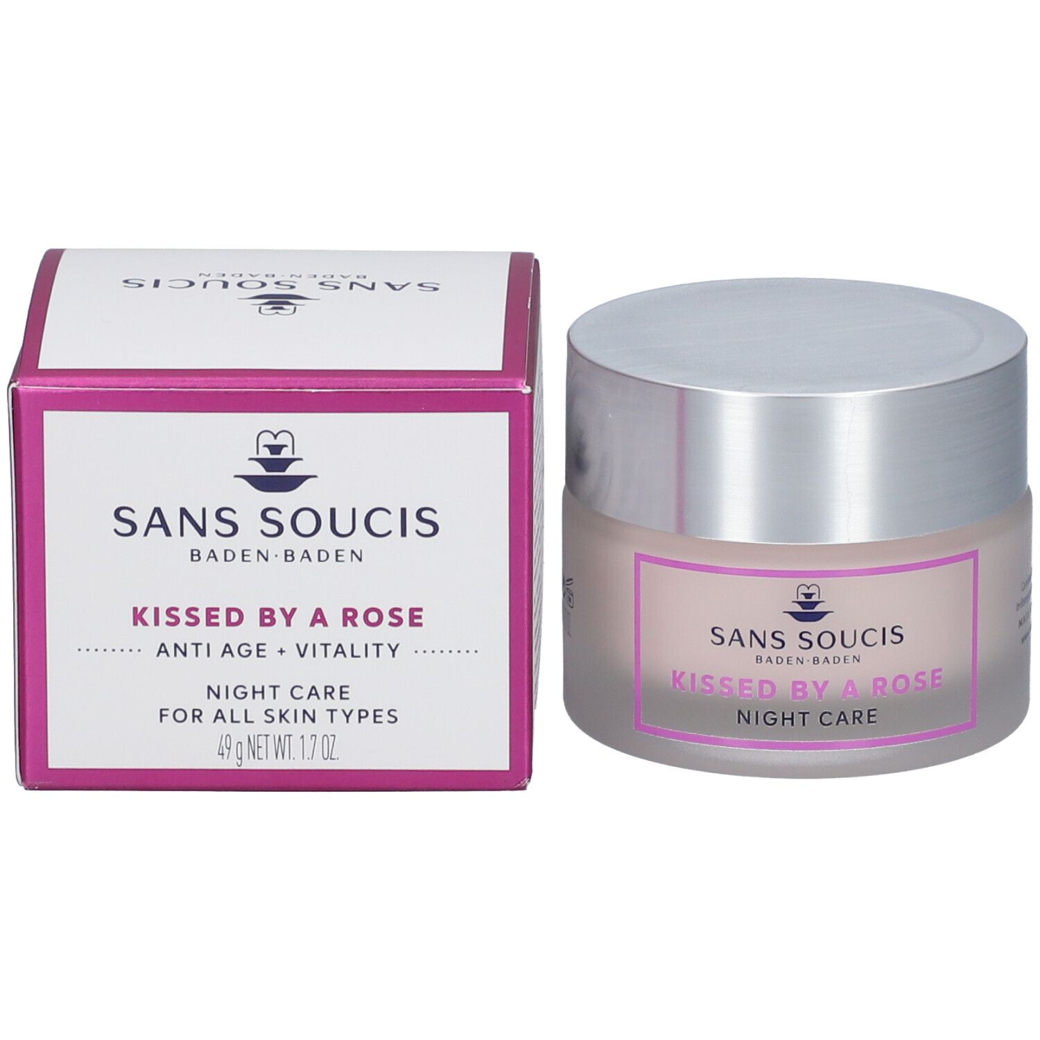 Pot de crème et boîte. Inscription : SANS SOUCIS, KISSED BY A ROSE, Night Care. Étiquette rose avec cadre violet. Pour tous types de peau.