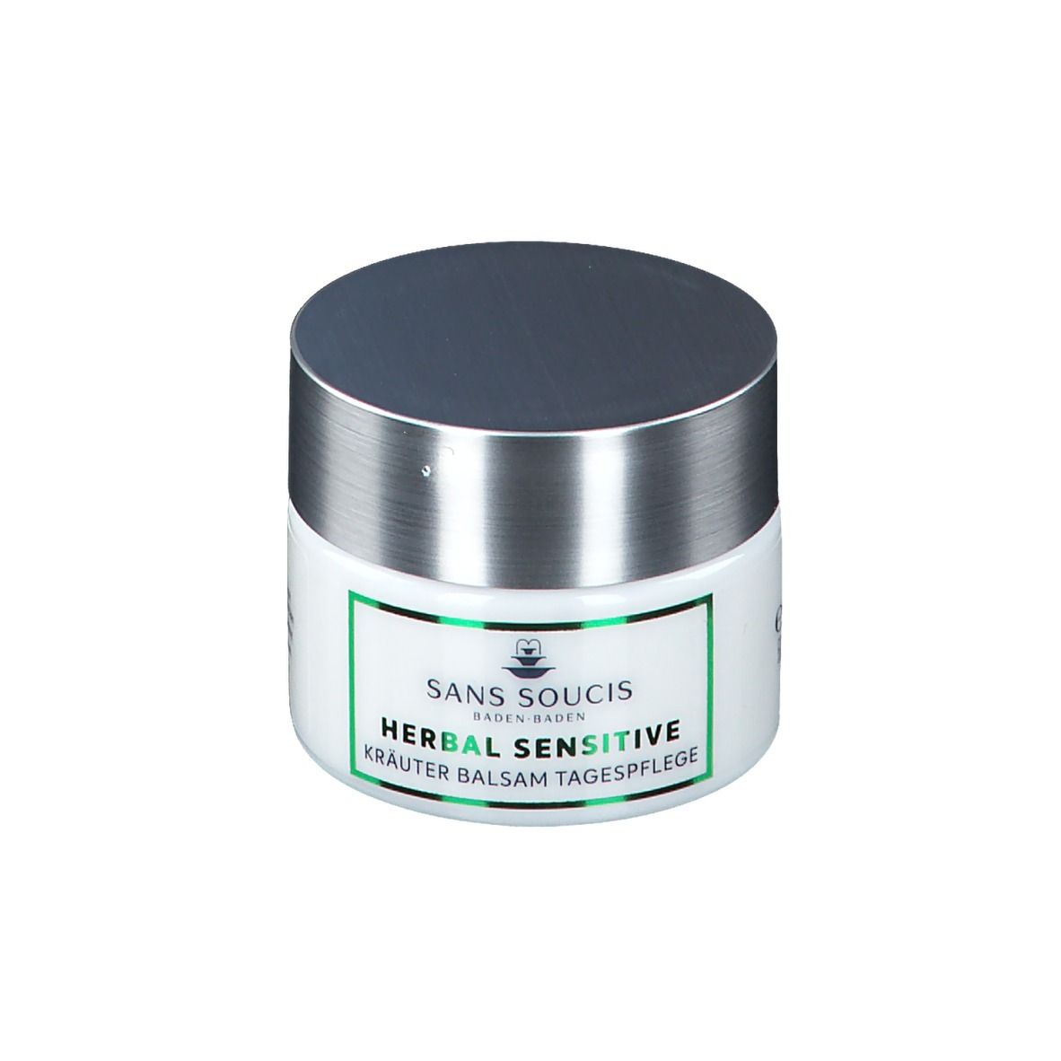 Witte pot met zilveren deksel. Sticker met groene rand en opschrift: HERBAL SENSITIVE KRÄUTER BALSAM TAGESPFLEGE.