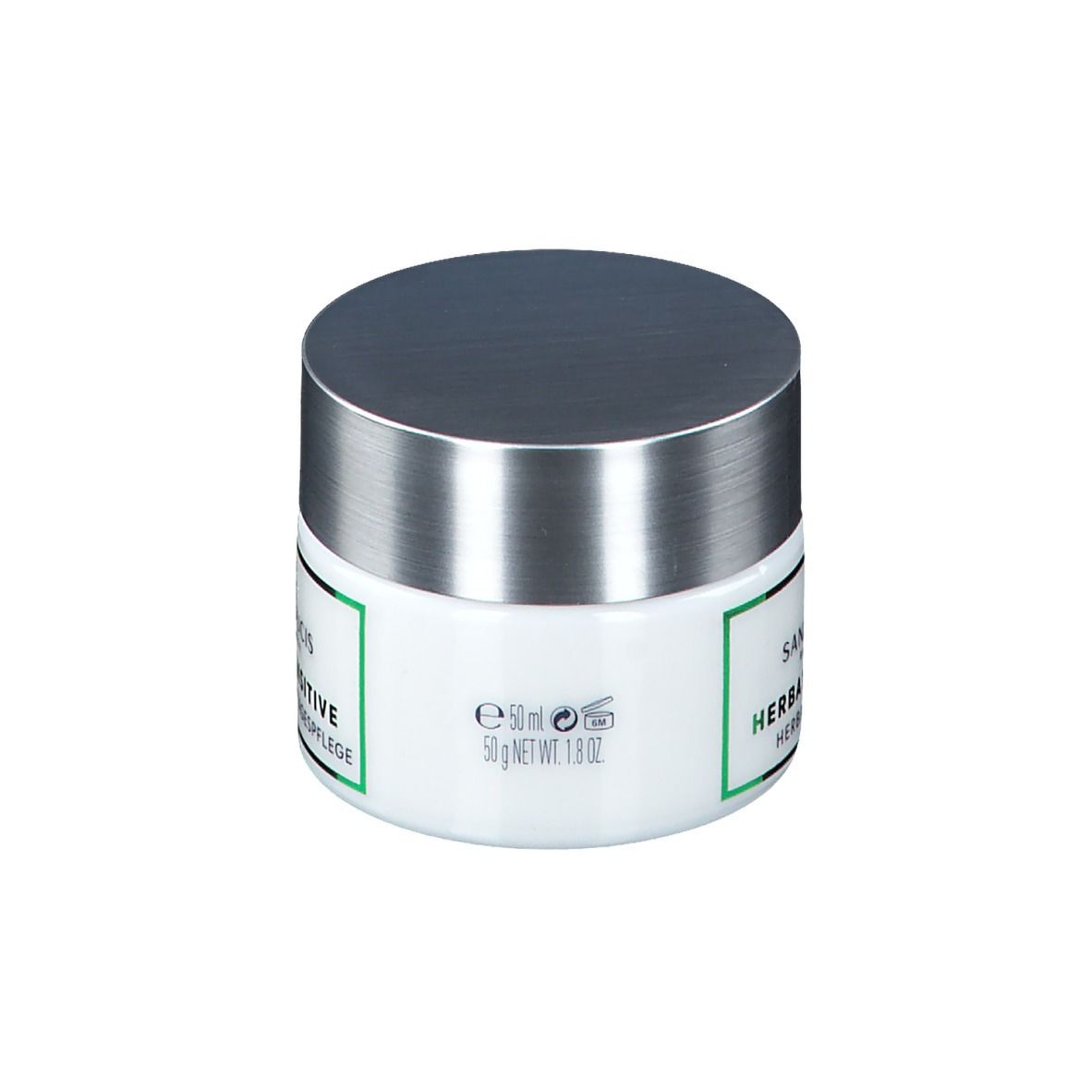 Witte pot met zilveren deksel. Sticker met groene rand en opschrift. Achterkant: e 50 ml 50 g NET WT. 1.8 oz.