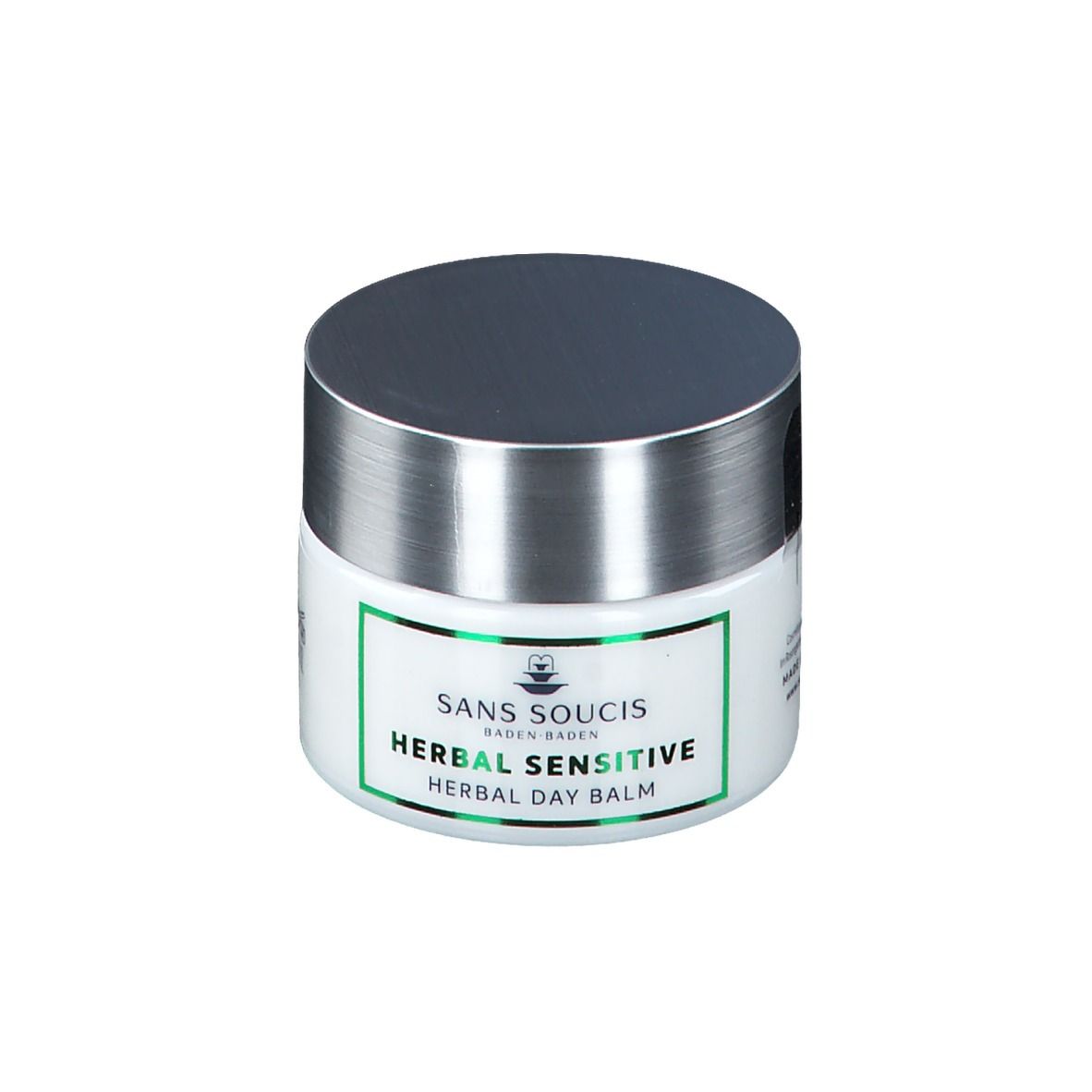 Witte pot met zilveren deksel. Sticker met groene rand en opschrift: HERBAL SENSITIVE HERBAL DAY BALM.
