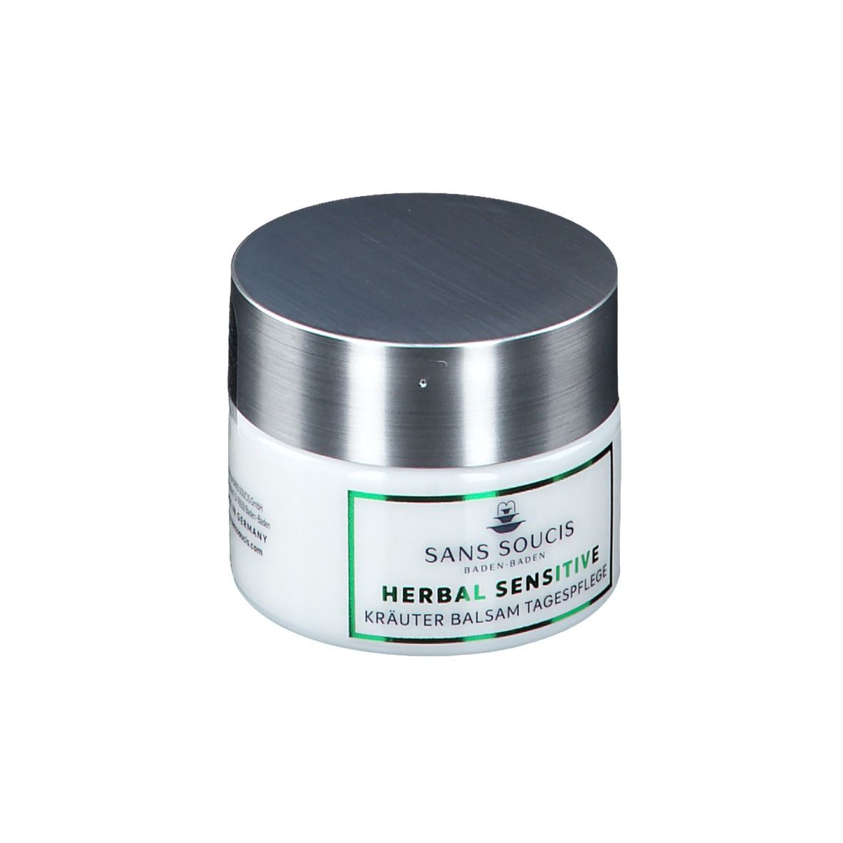 Witte pot met zilveren deksel. Sticker met groene rand en opschrift: HERBAL SENSITIVE KRÄUTER BALSAM TAGESPFLEGE.