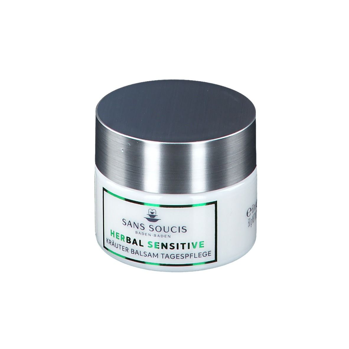 Witte pot met zilveren deksel. Sticker met groene rand en opschrift: HERBAL SENSITIVE KRÄUTER BALSAM TAGESPFLEGE.