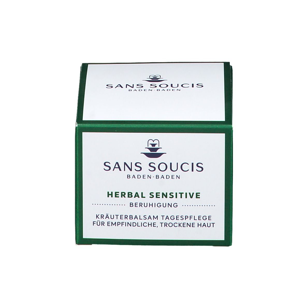 Groene verpakking met opschrift: HERBAL SENSITIVE KRÄUTERBALSAM TAGESPFLEGE FÜR EMPFINDLICHE, TROCKENE HAUT.