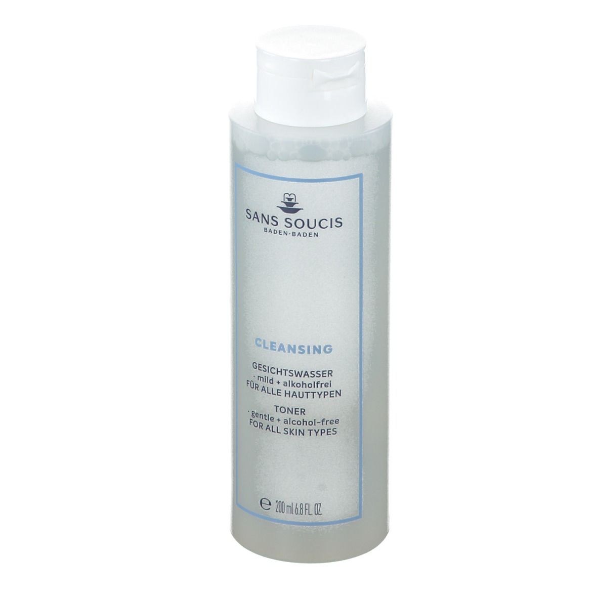 Transparante fles met witte dop. Opschrift: SANS SOUCIS, CLEANSING, Gesichtswasser, zonder alcohol, voor alle huidtypen. Toner.