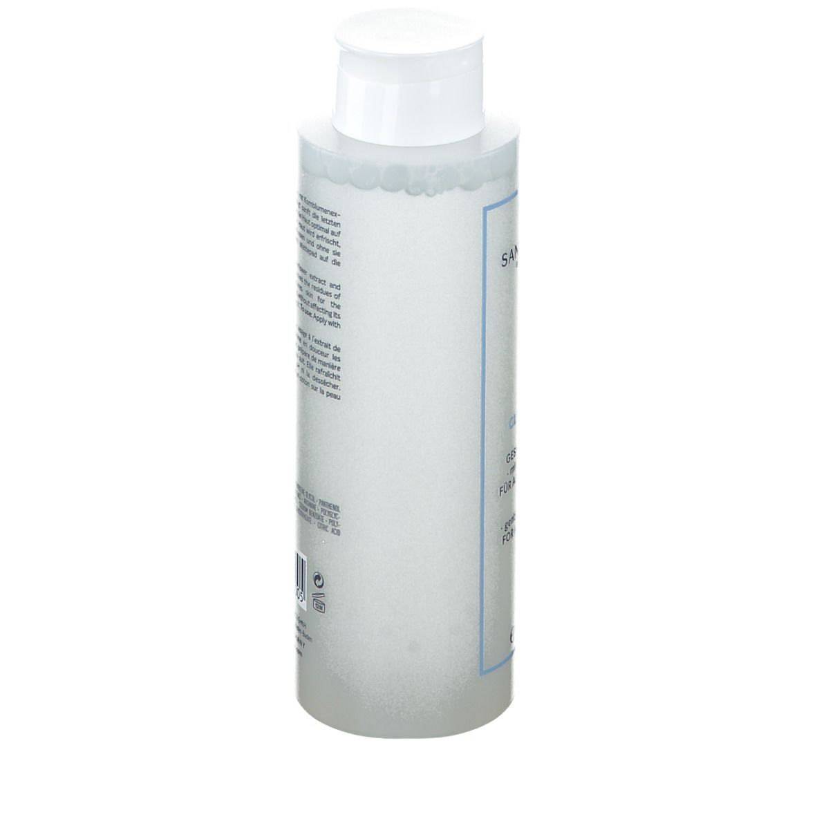 Fles met witte dop, zijaanzicht. Opschrift: SANS SOUCIS. Tekst op de achterkant. Transparante vloeistof zichtbaar.