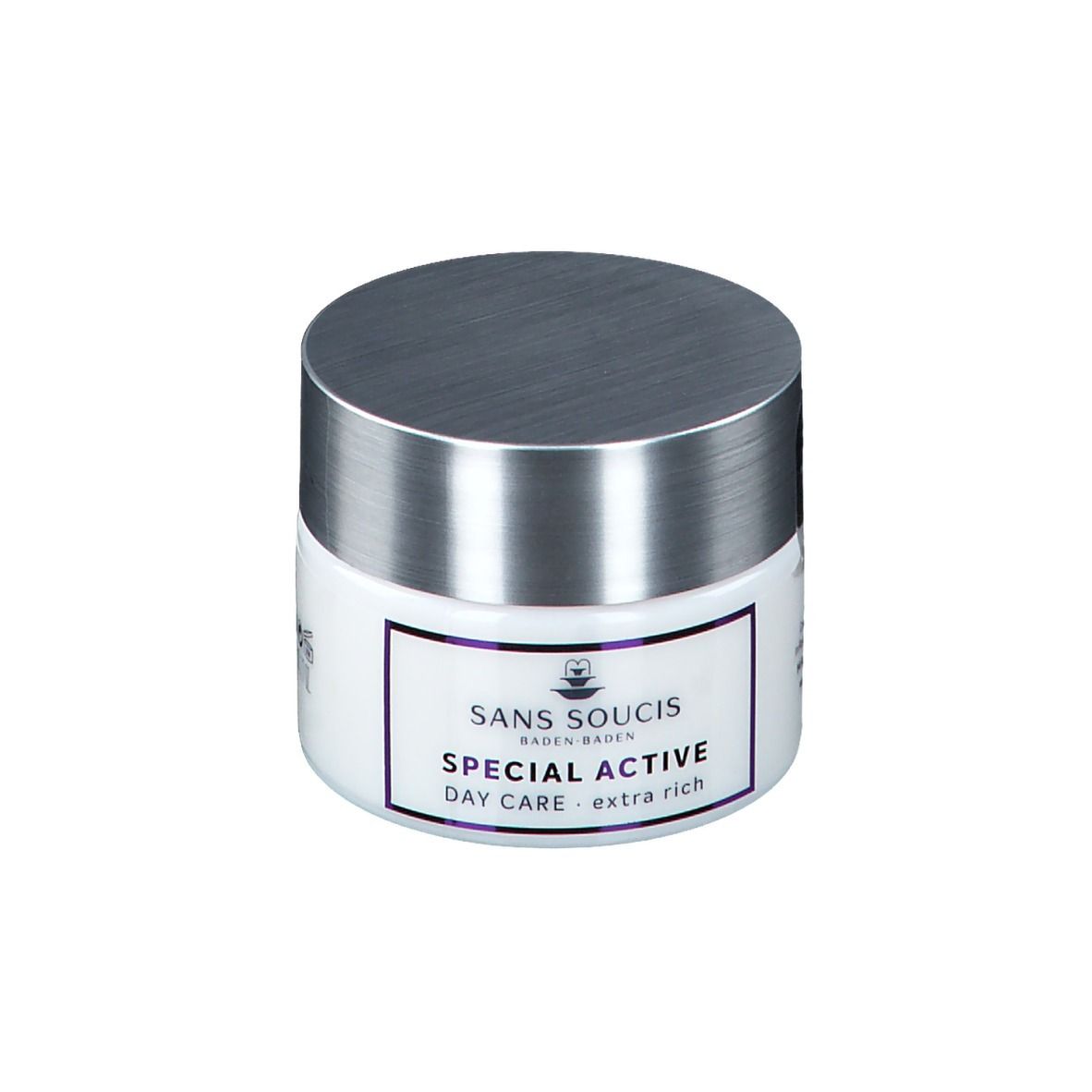 Witte pot met zilveren deksel. Opschrift: SANS SOUCIS, SPECIAL ACTIVE, DAY CARE - extra rich.