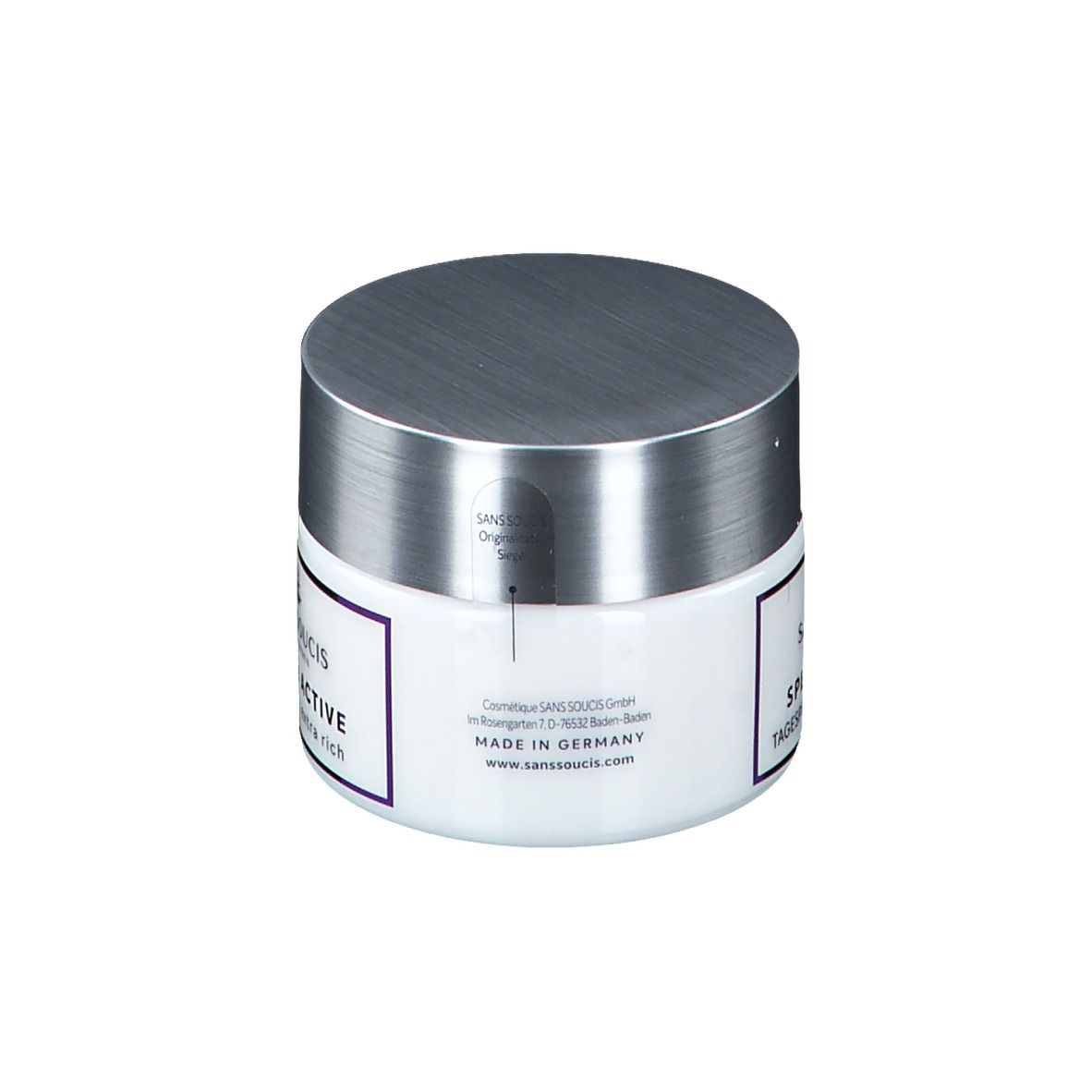 Witte pot met zilveren deksel. Opschrift: SANS SOUCIS, SPECIAL ACTIVE, DAY CARE - extra rich. Made in Germany.