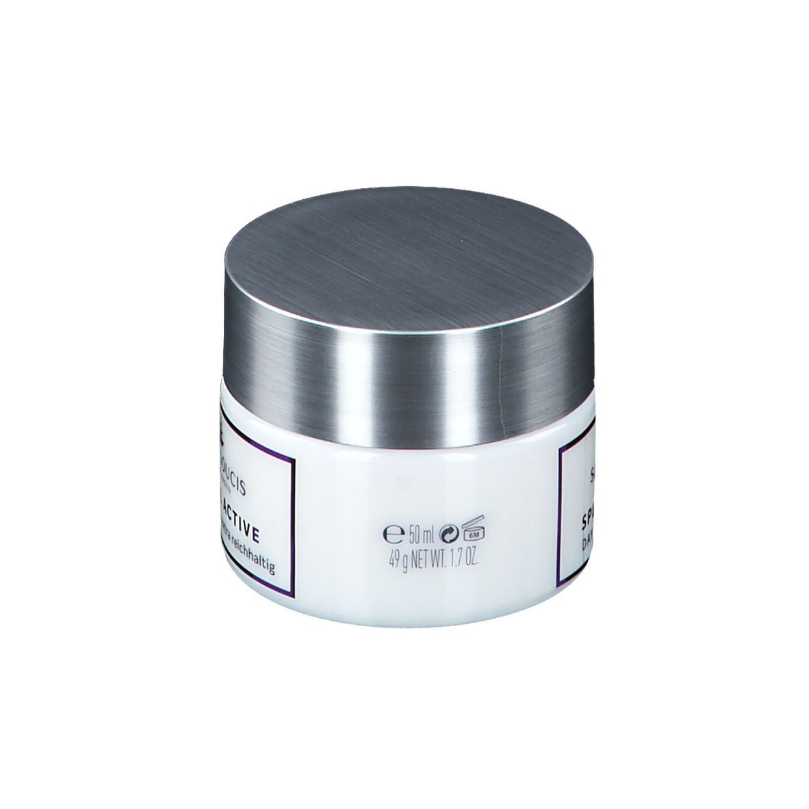 Witte pot met zilveren deksel. Opschrift: SANS SOUCIS, SPECIAL ACTIVE, TAGESPFLEGE - extra reichhaltig. 50ml.