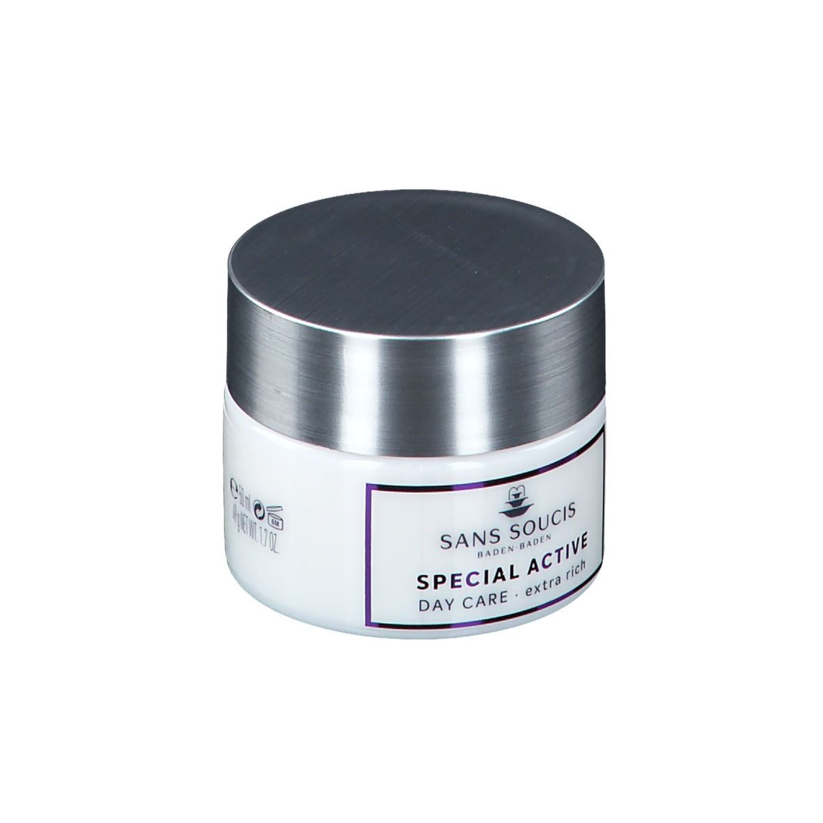 Witte pot met zilveren deksel. Opschrift: SANS SOUCIS, SPECIAL ACTIVE, DAY CARE - extra rich.