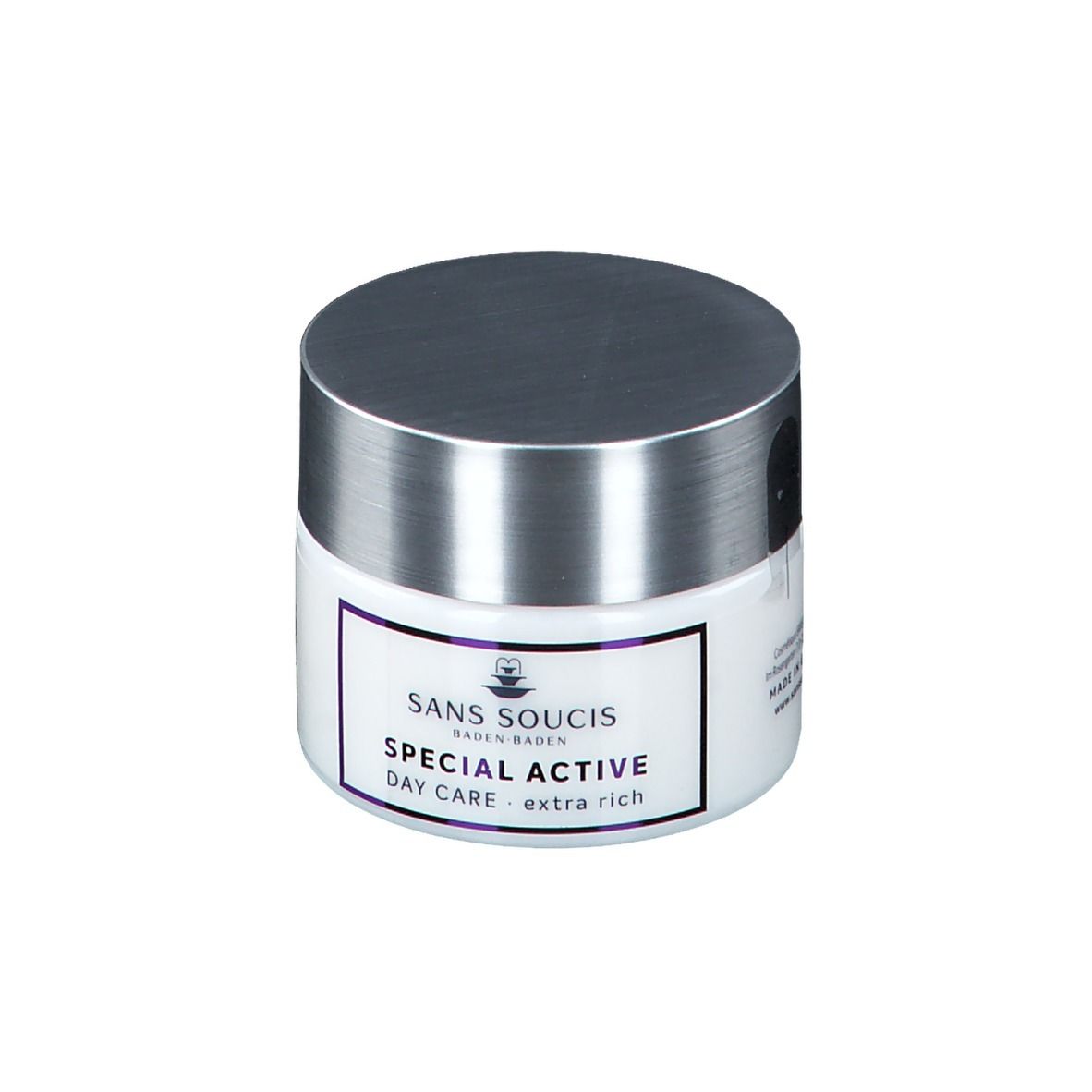 Witte pot met zilveren deksel. Opschrift: SANS SOUCIS, SPECIAL ACTIVE, DAY CARE - extra rich.
