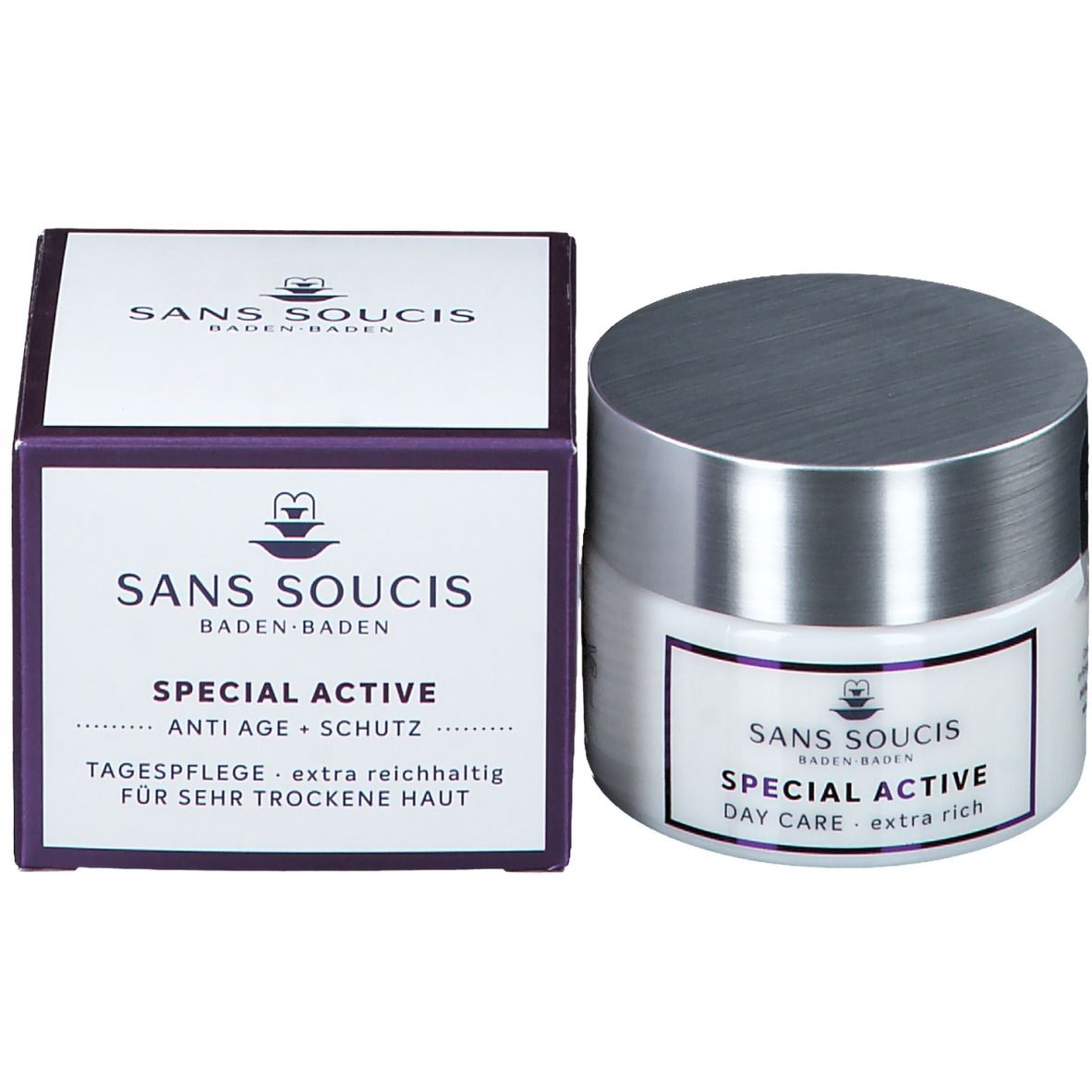 Productverpakking met pot en doos. Opschrift: SANS SOUCIS, SPECIAL ACTIVE, ANTI AGE + SCHUTZ, TAGESPFLEGE.