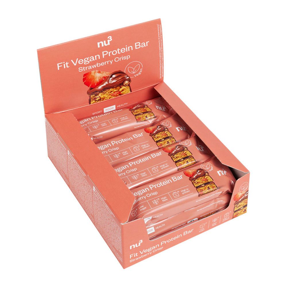 Verpakking met eiwitrepen. Opschrift: nu3 Fit Vegan Protein Bar Strawberry Crisp. Roze repen.