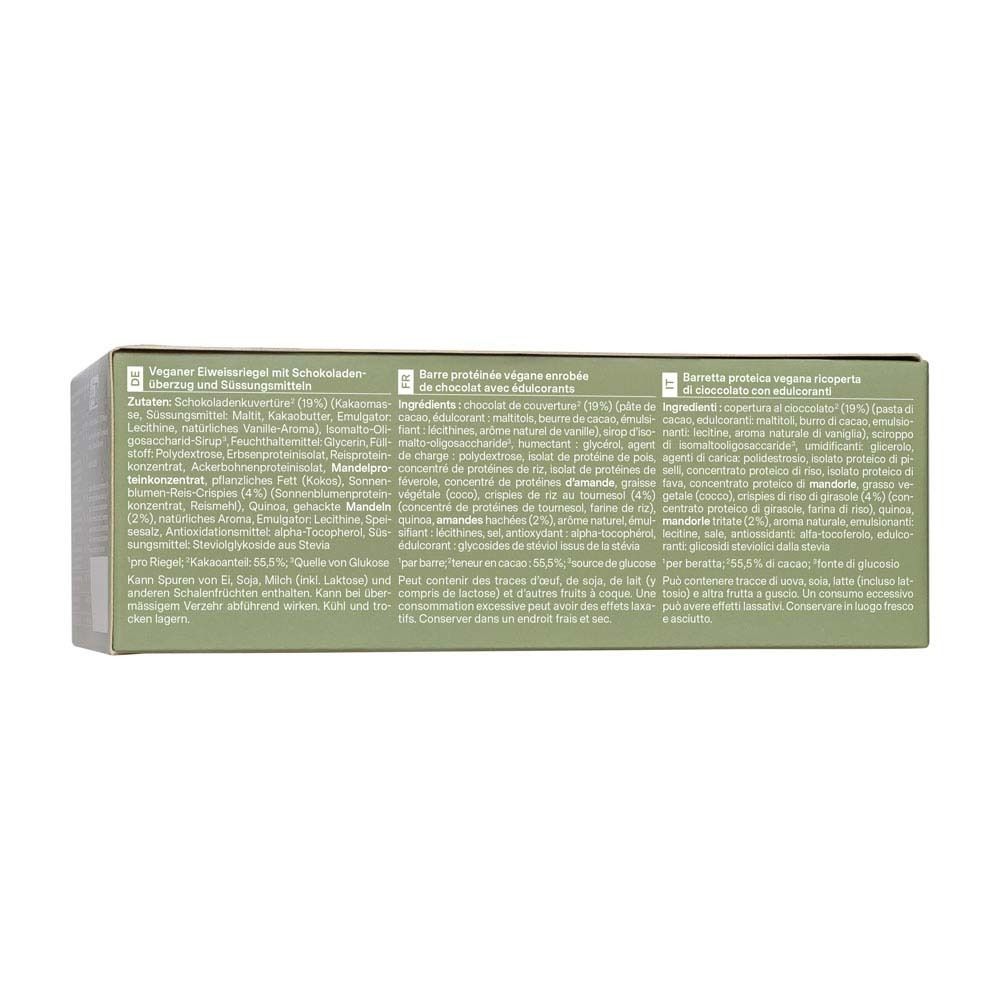 Geopende doos met proteinerepen. Opschrift: « Fit Vegan Bar » en « Almond-Choc Crisp ». Logo « nu3 ».