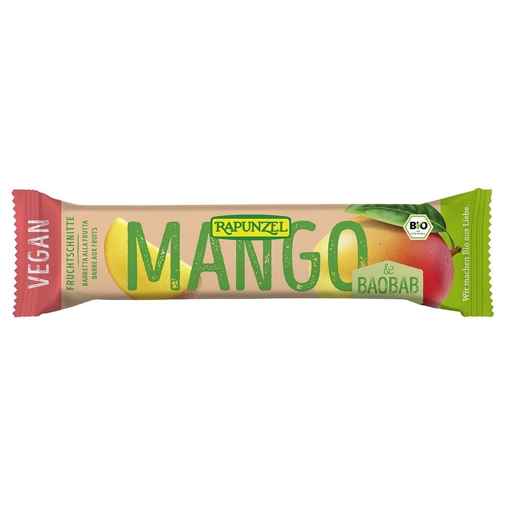 Verpakking van een vruchtenreep met mango en baobab. Opschrift: RAPUNZEL MANGO & BAOBAB, BIO, VEGAN. Groen-bruine verpakking met fruitillustratie.