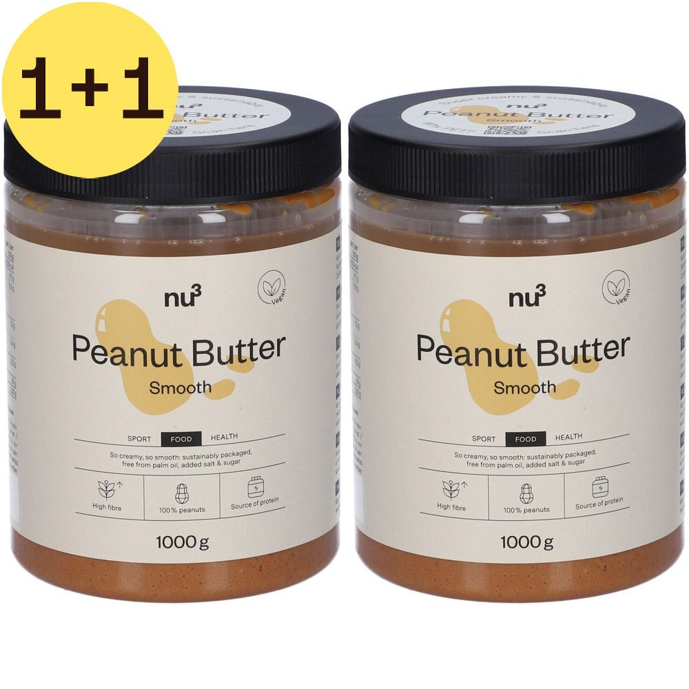 Twee potten nu3 Peanut Butter smooth. Zwarte deksels, witte etiketten. 1000g. Vegan.