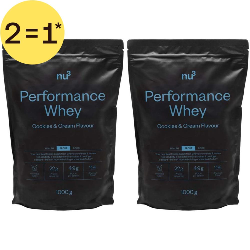 Twee zakken nu3 Performance Whey Cookies & Cream smaak, elk 1000g, met "2=1" actie.
