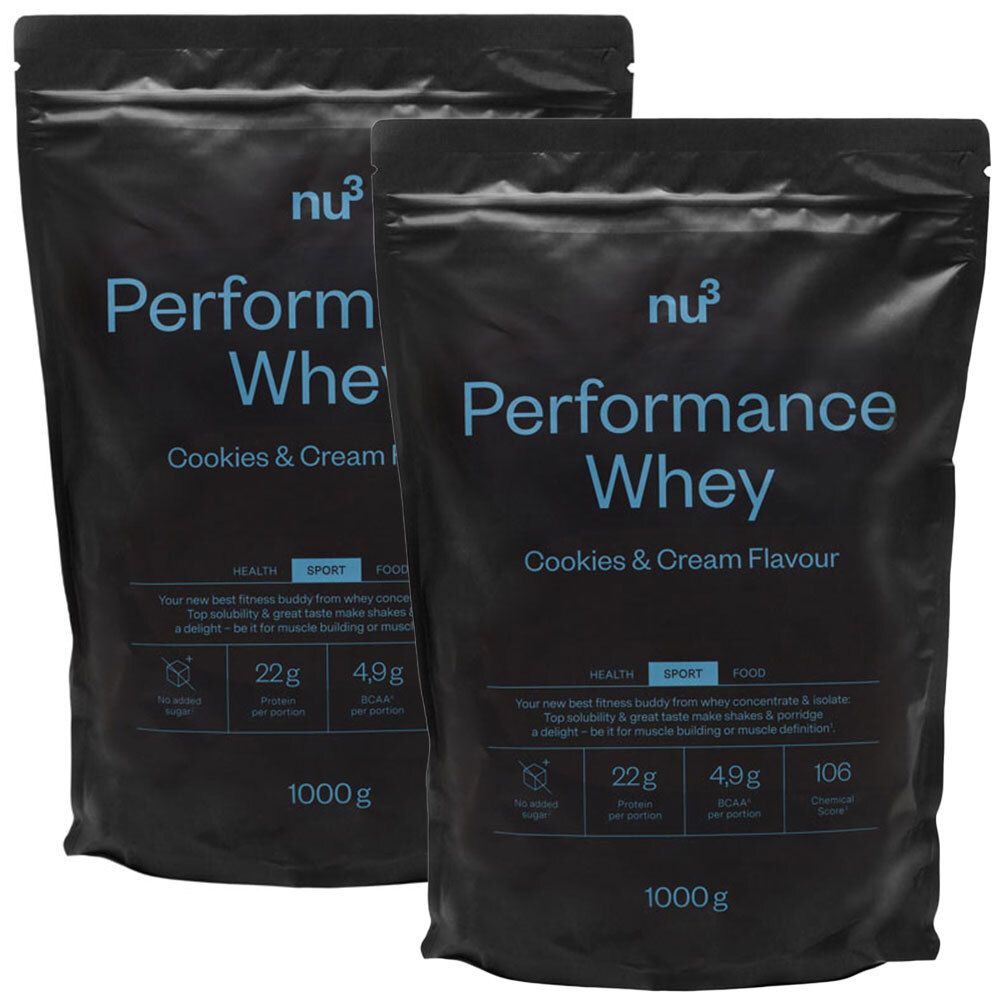 Twee zwarte zakken nu3 Performance Whey, Cookies & Cream. Opschriften: merk, productnaam, smaak, voedingswaarde, 1000g.