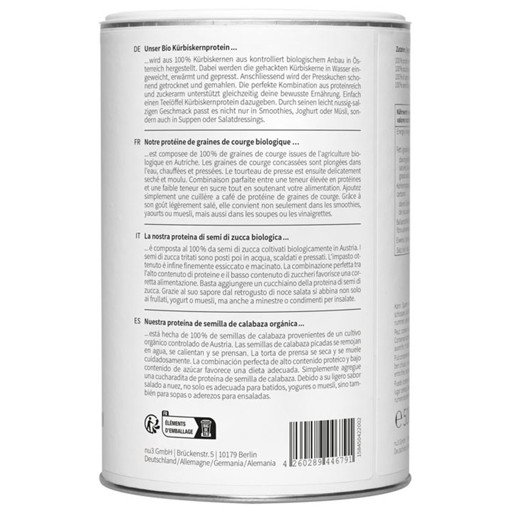 Boîte cylindrique avec texte. Inscription : nu3 Kürbiskernprotein. Texte multilingue au dos.