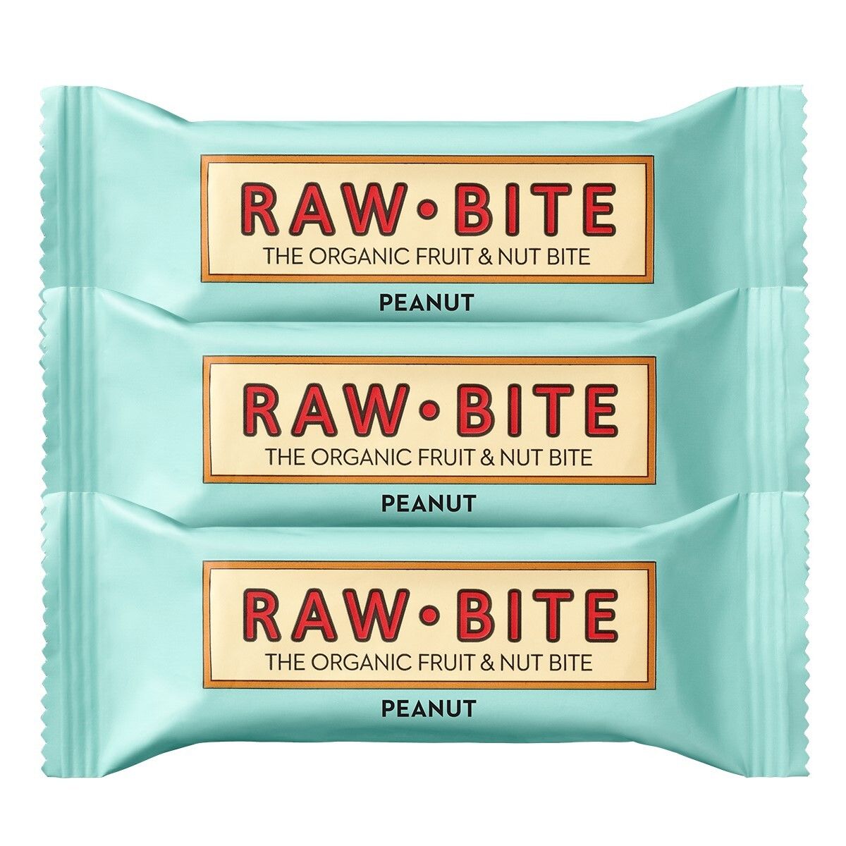 Drie verpakte repen. Opschrift: RAW BITE, THE ORGANIC FRUIT & NUT BITE, PEANUT. Lichtblauwe verpakking.