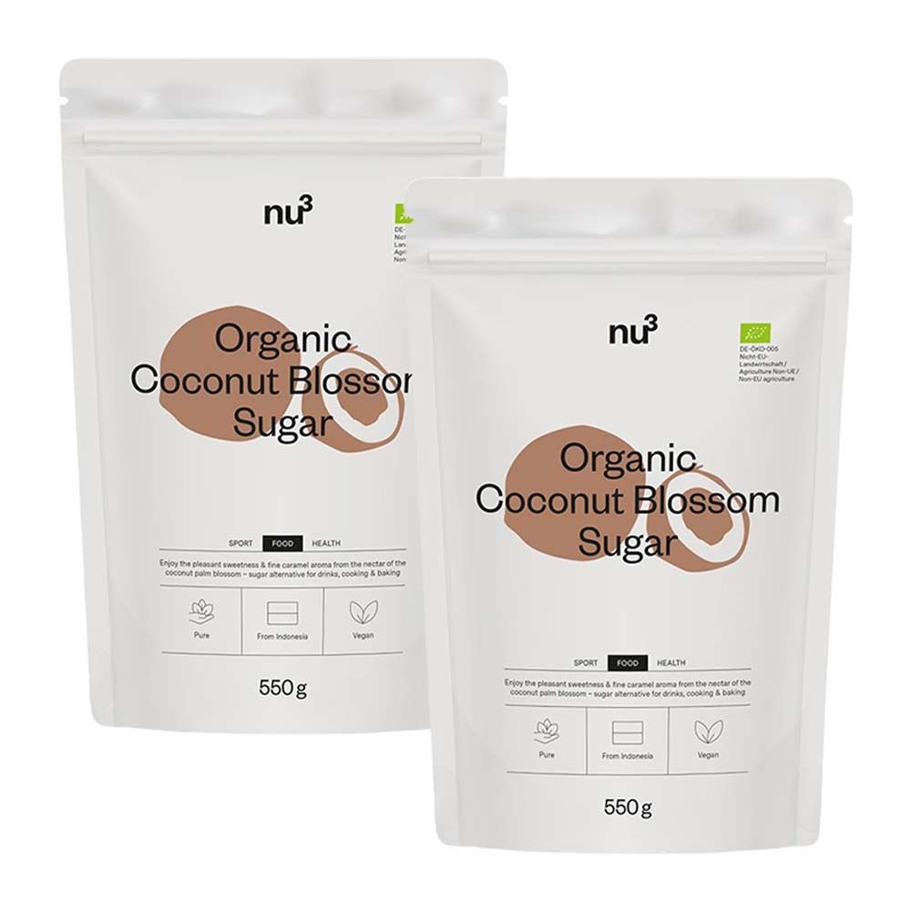 Twee zakken nu3 Organic Coconut Blossom Sugar. Witte verpakking met bruin logo en productnaam. 550g.