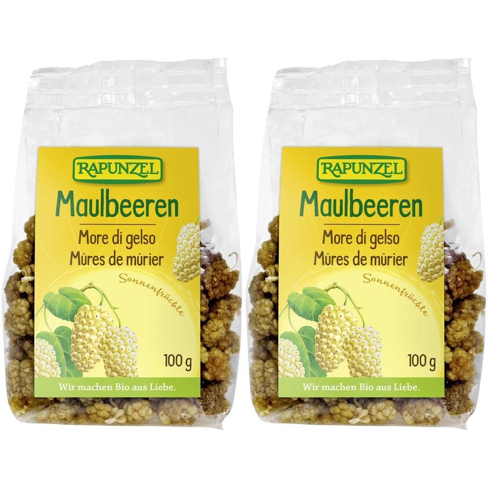 Twee zakken moerbeien. Geel etiket met productnaam en logo. 100g-aanduiding.