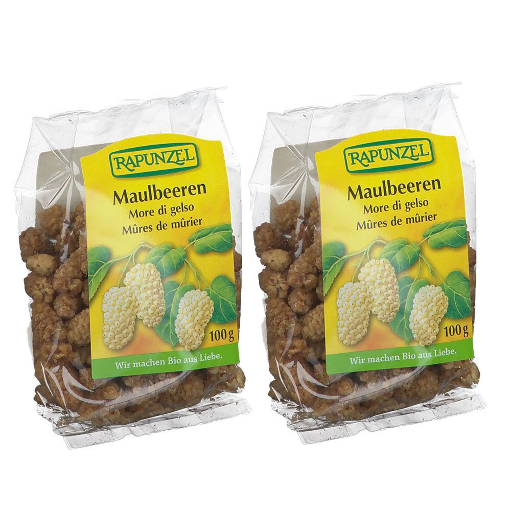 Deux sachets de mûres. Étiquette jaune avec nom et logo du produit. Indication 100g.