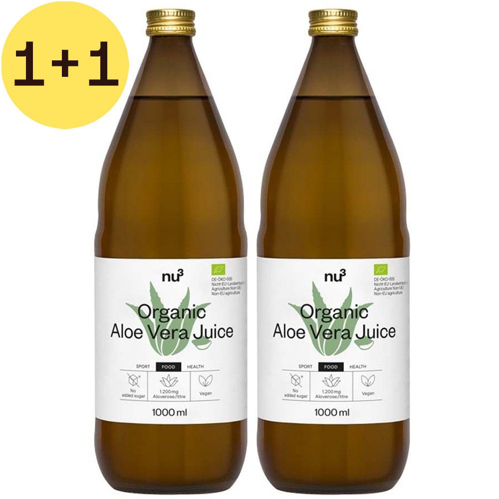Twee flessen nu3 Bio Aloe vera sap. Bruine glazen flessen met etiket. Opschrift: Organic Aloe Vera Juice, 1000ml.