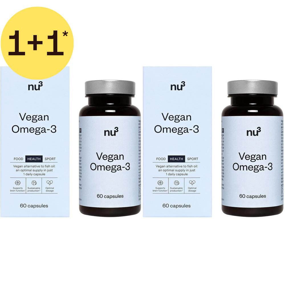Deux flacons de nu³ Vegan Omega-3 et deux boîtes, 60 gélules par flacon.