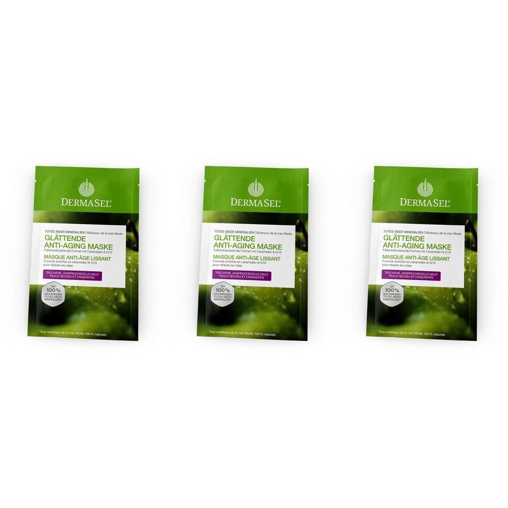 Drie groene zakjes met de tekst DERMASEL en GLATTENDE ANTI-AGING MASKE. Op elk zakje staat een logo en tekst in wit en paars.