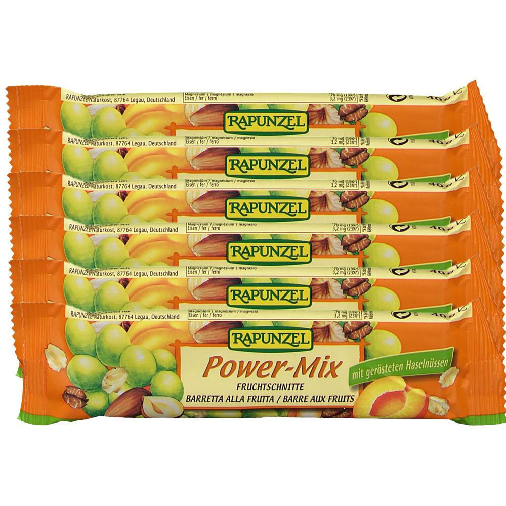 Meerdere verpakte repen. Opschrift: RAPUNZEL, Power-Mix, Fruchtschnitte, met geroosterde hazelnoten.