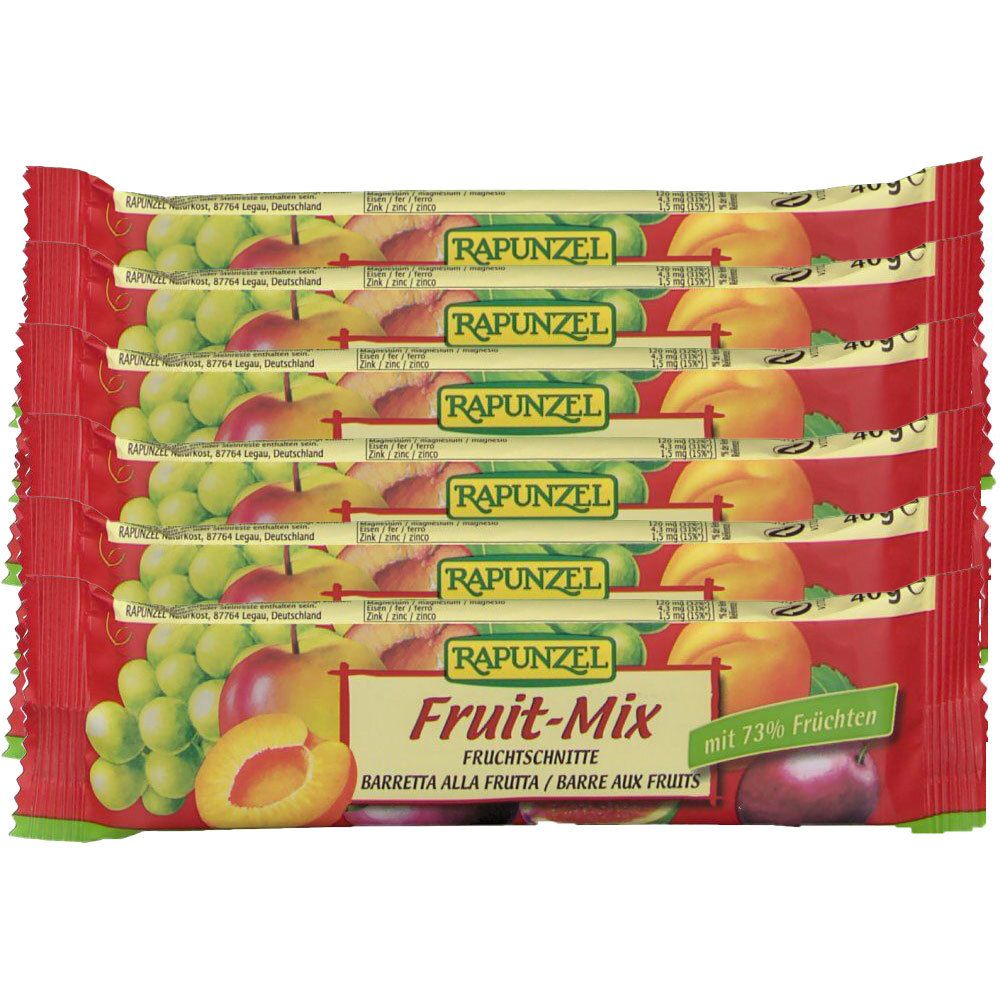 Meerdere vruchtenrepen in rode verpakking. Opschrift: RAPUNZEL, Fruit-Mix, met 73% fruit. Afbeelding van fruit.