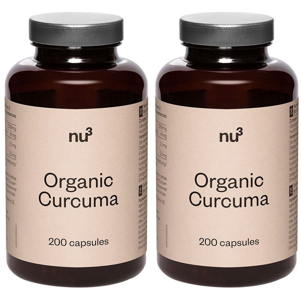 Deux flacons bruns avec couvercles argentés. Inscription: Organic Curcuma, 200 capsules. Marque: nu3. Cercle jaune avec 1+1.